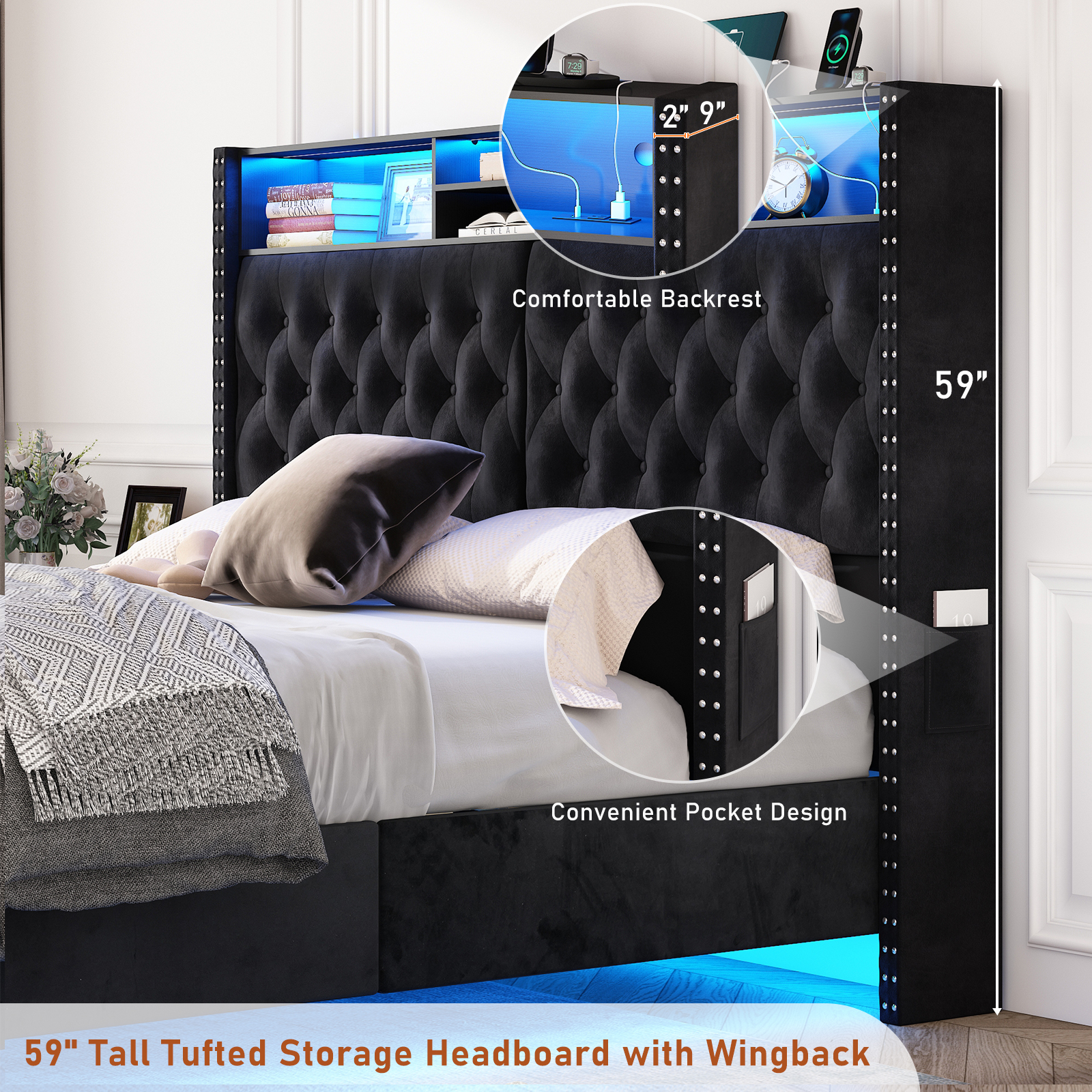 Blotout King LED Upholstered Floating Bed Frame with Wingback Headboard, Velvet Diamond Button Tufted Bed Frame USB & AC Outlets and Side Pockets, Wood Slats Support, No Box Spring Needed