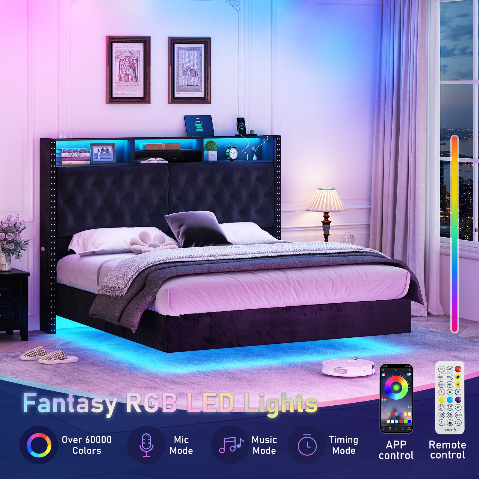 Blotout King LED Upholstered Floating Bed Frame with Wingback Headboard, Velvet Diamond Button Tufted Bed Frame USB & AC Outlets and Side Pockets, Wood Slats Support, No Box Spring Needed