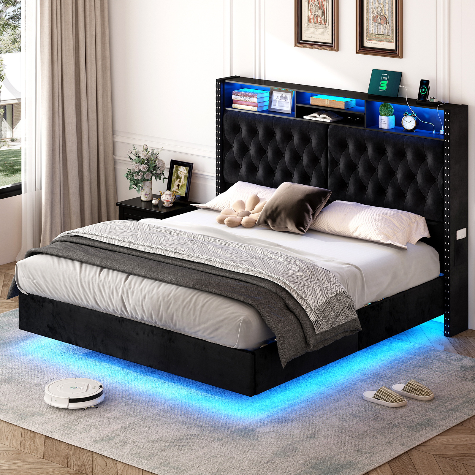 Blotout King LED Upholstered Floating Bed Frame with Wingback Headboard, Velvet Diamond Button Tufted Bed Frame USB & AC Outlets and Side Pockets, Wood Slats Support, No Box Spring Needed