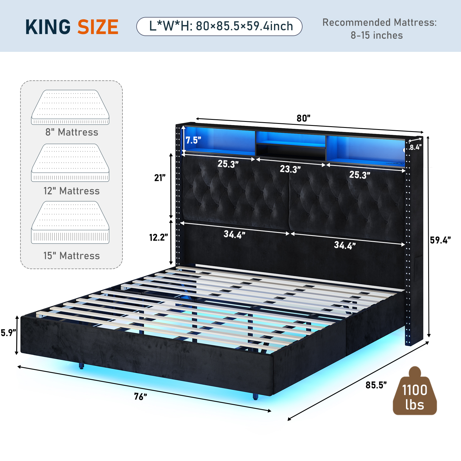 Blotout King LED Upholstered Floating Bed Frame with Wingback Headboard, Velvet Diamond Button Tufted Bed Frame USB & AC Outlets and Side Pockets, Wood Slats Support, No Box Spring Needed