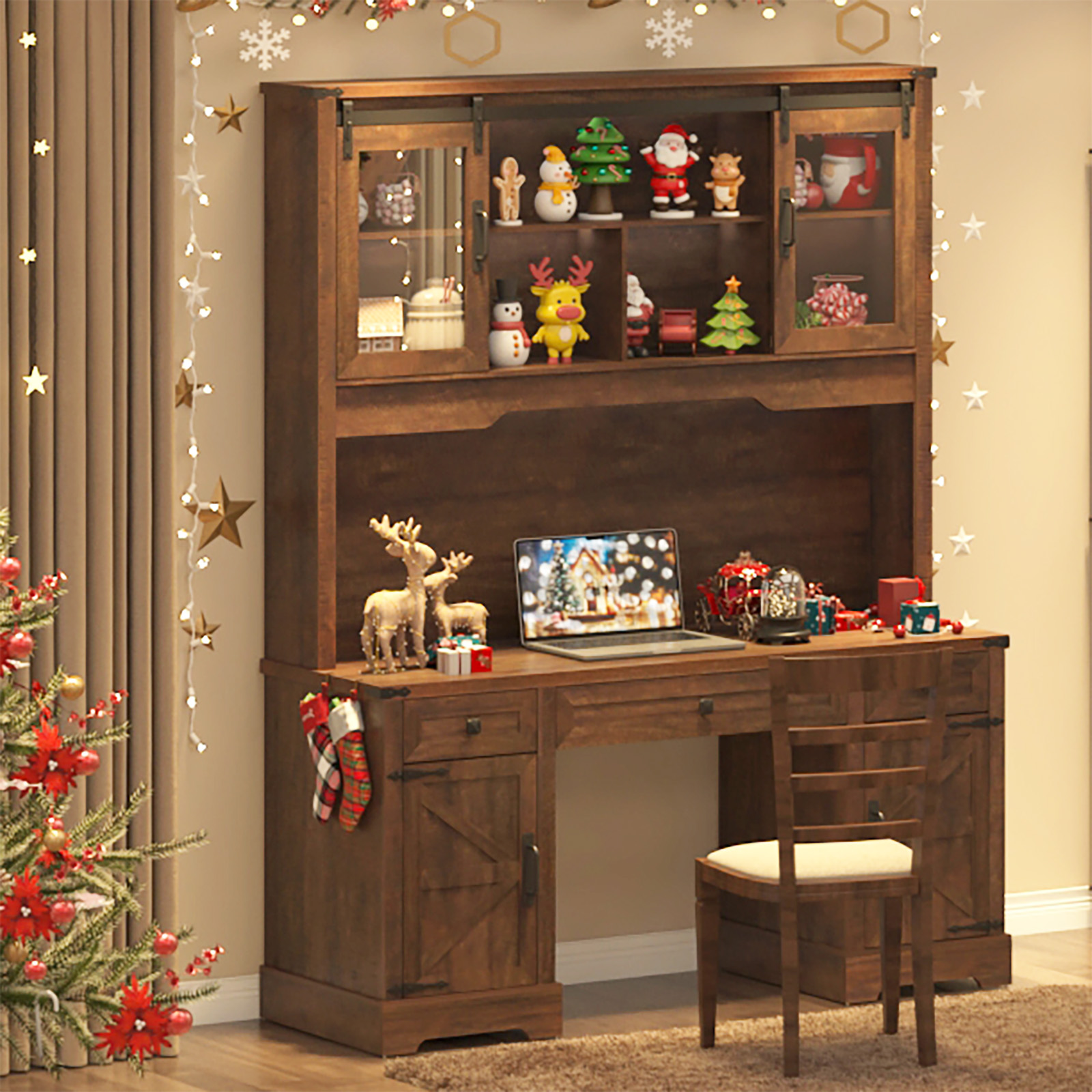 76" Height Computer Desk with Hutch, Farmhouse Office Desk with Sliding Barn Doors & Charging Station, Drawers and Storage Cabinet, Wood Executive Desk Workstation for Office Home