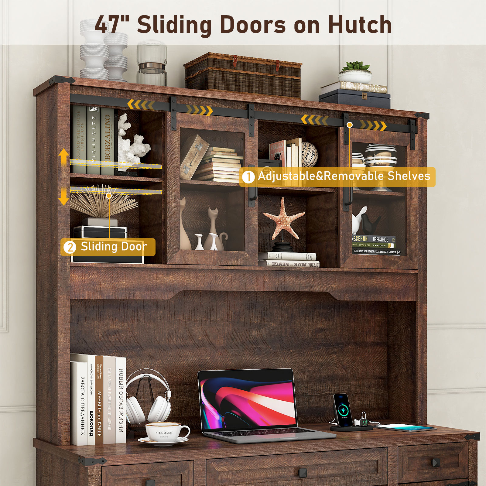 76" Height Computer Desk with Hutch, Farmhouse Office Desk with Sliding Barn Doors & Charging Station, Drawers and Storage Cabinet, Wood Executive Desk Workstation for Office Home