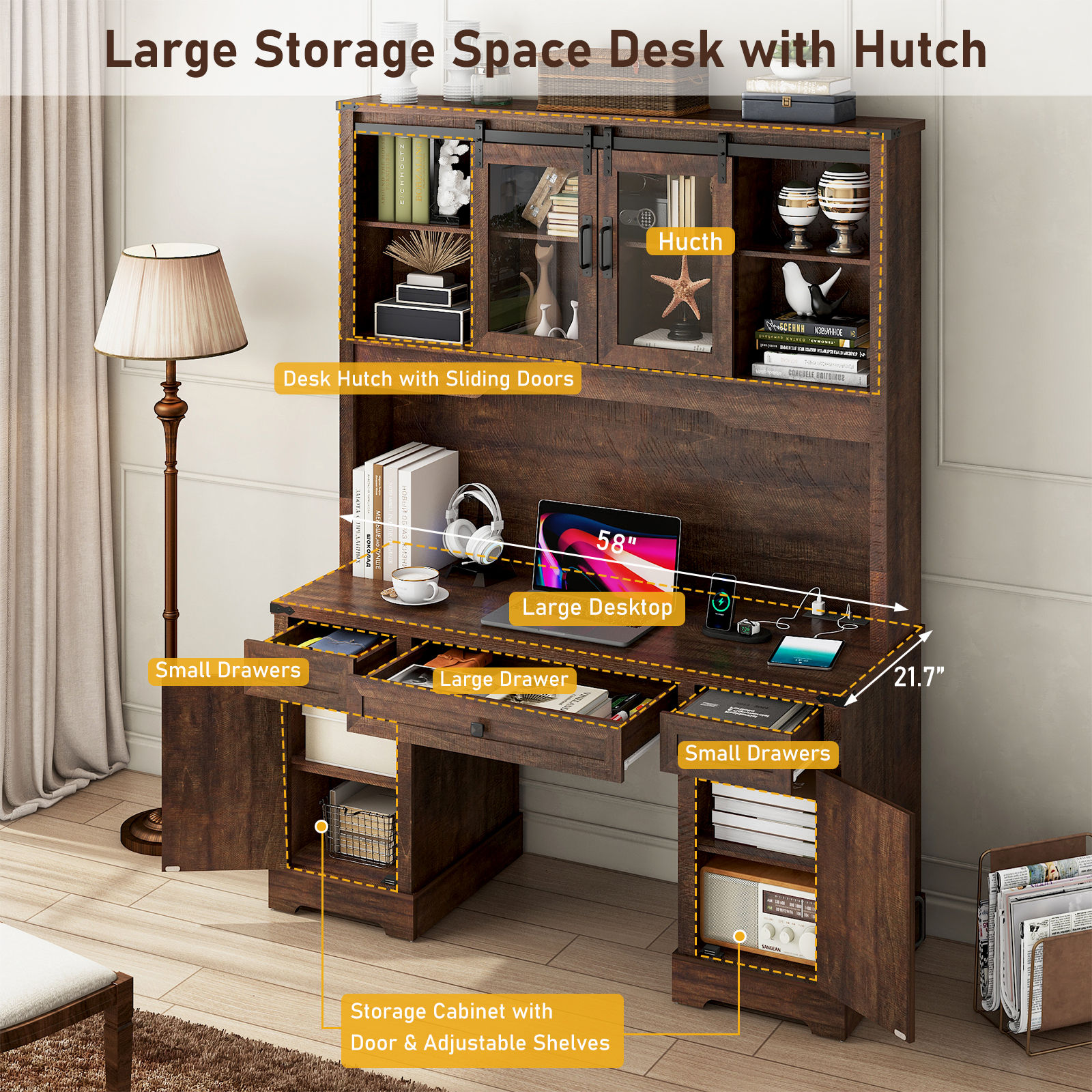 76" Height Computer Desk with Hutch, Farmhouse Office Desk with Sliding Barn Doors & Charging Station, Drawers and Storage Cabinet, Wood Executive Desk Workstation for Office Home