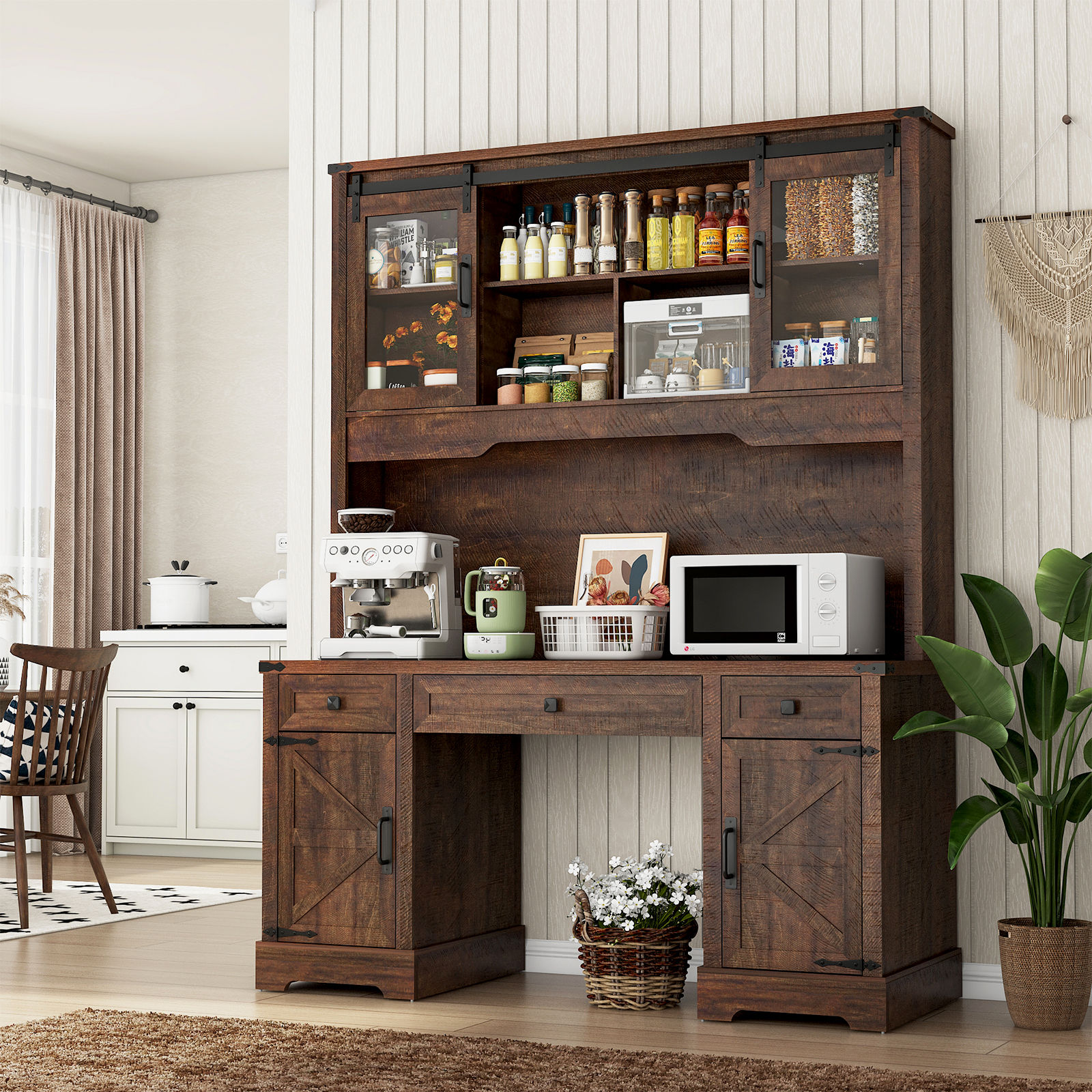 76" Height Computer Desk with Hutch, Farmhouse Office Desk with Sliding Barn Doors & Charging Station, Drawers and Storage Cabinet, Wood Executive Desk Workstation for Office Home