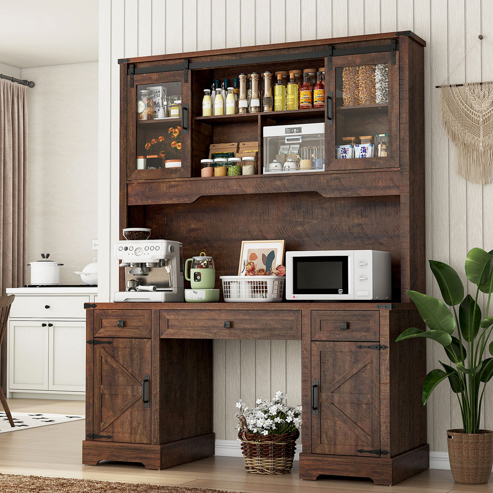 76" Tall Pantry Cabinet Kitchen Hutch w/ Sliding Glass Doors & Charging Station