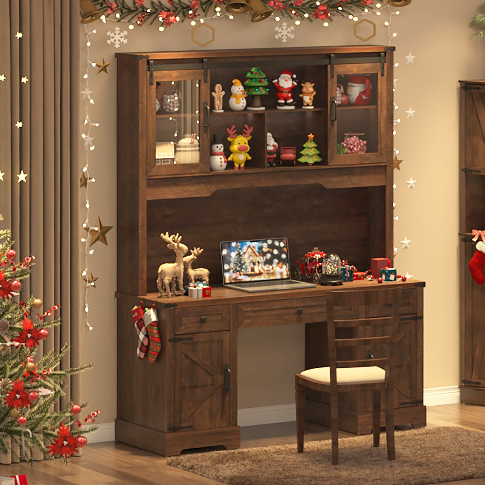 76" Tall Pantry Cabinet Kitchen Hutch w/ Sliding Glass Doors & Charging Station