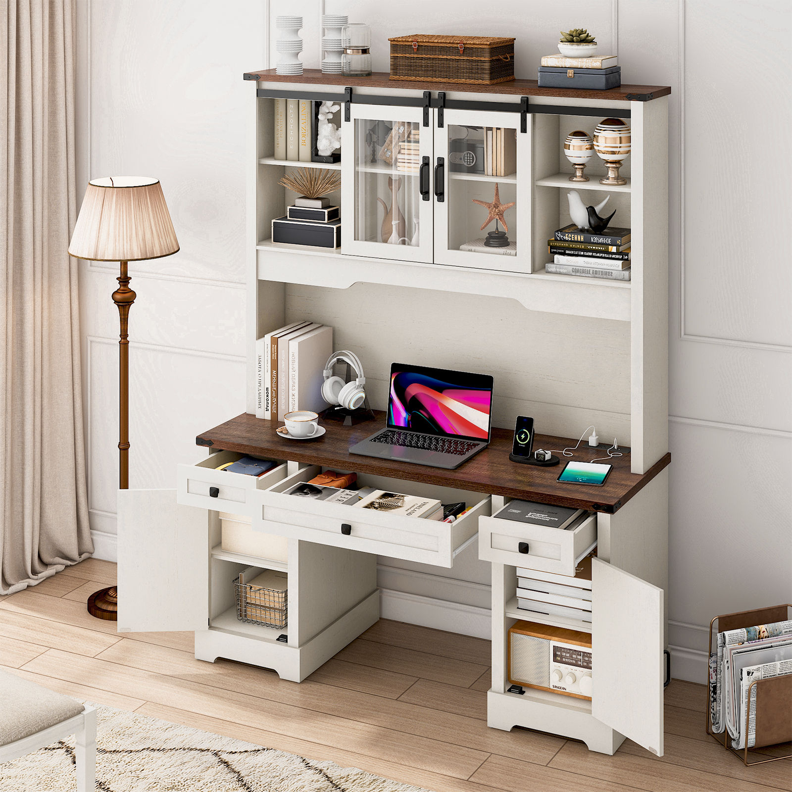 76" Height Computer Desk with Hutch, Farmhouse Office Desk with Sliding Barn Doors & Charging Station, Drawers and Storage Cabinet, Wood Executive Desk Workstation for Office Home