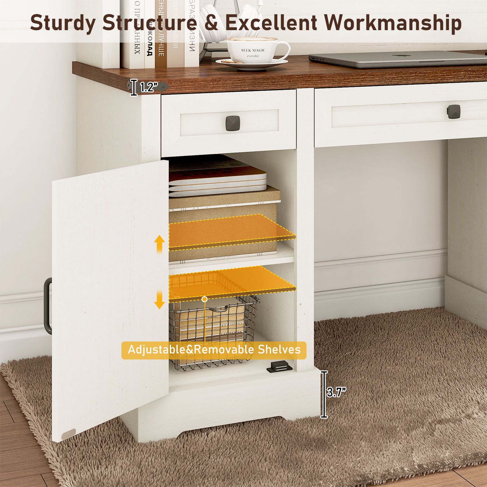 76" Height Computer Desk with Hutch, Farmhouse Office Desk with Sliding Barn Doors & Charging Station, Drawers and Storage Cabinet, Wood Executive Desk Workstation for Office Home