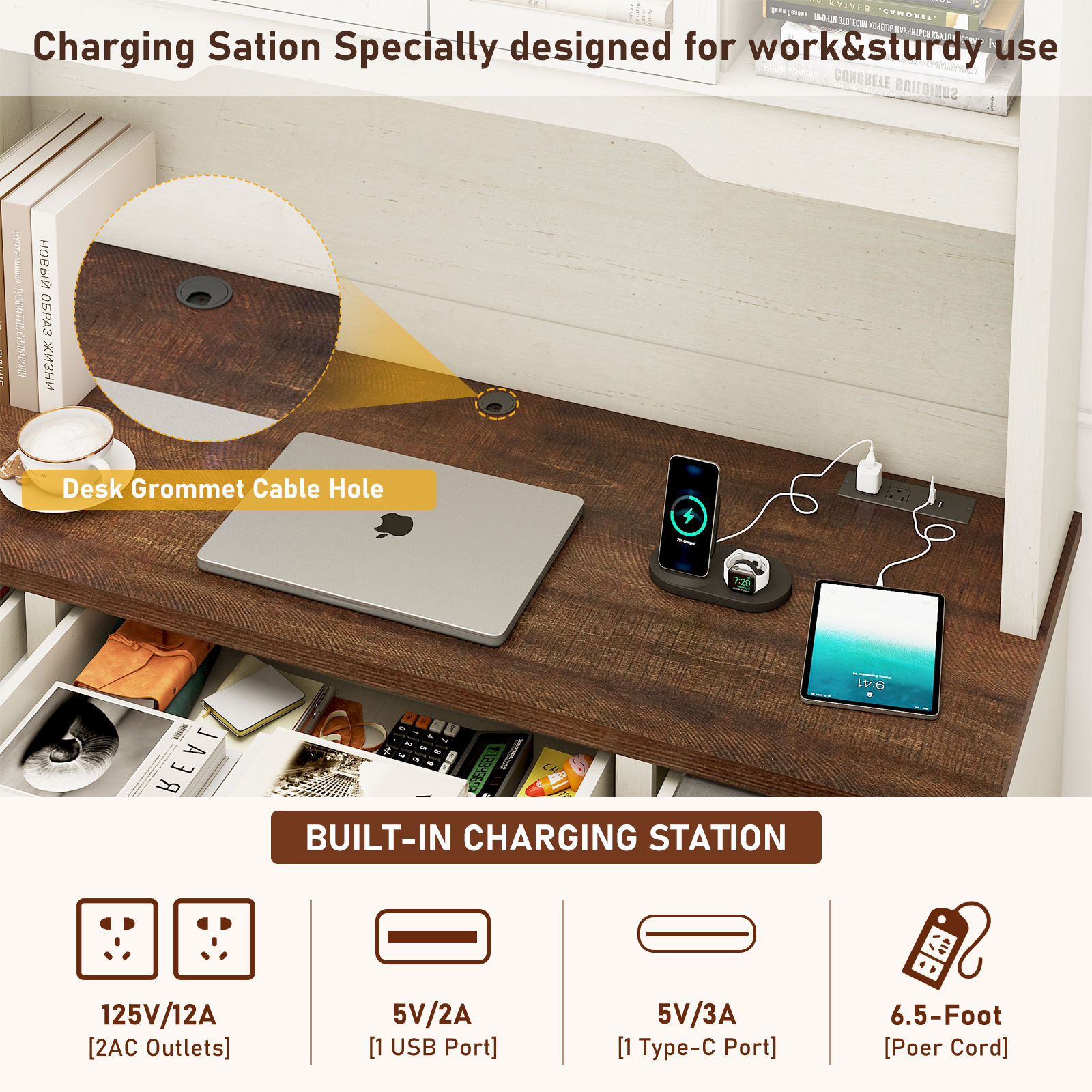 76" Height Computer Desk with Hutch, Farmhouse Office Desk with Sliding Barn Doors & Charging Station, Drawers and Storage Cabinet, Wood Executive Desk Workstation for Office Home