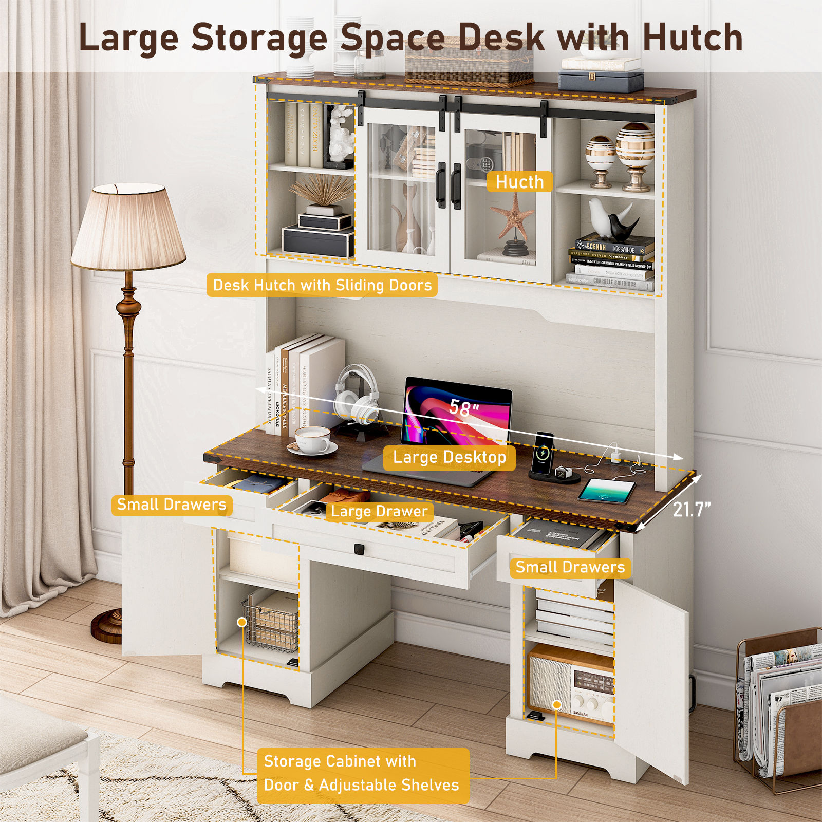 76" Height Computer Desk with Hutch, Farmhouse Office Desk with Sliding Barn Doors & Charging Station, Drawers and Storage Cabinet, Wood Executive Desk Workstation for Office Home