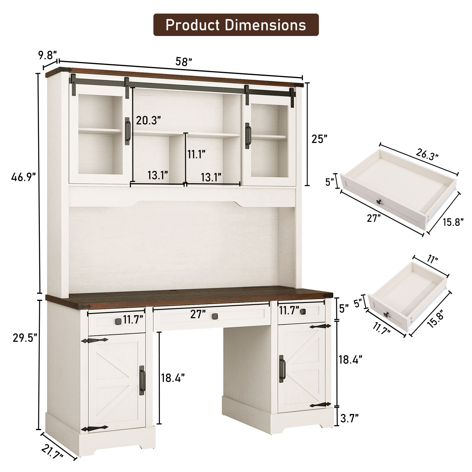 76" Height Computer Desk with Hutch, Farmhouse Office Desk with Sliding Barn Doors & Charging Station, Drawers and Storage Cabinet, Wood Executive Desk Workstation for Office Home