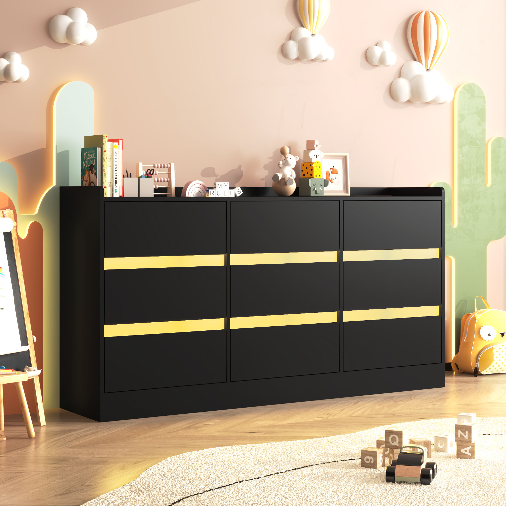 9 Drawer Dresser for Bedroom with Power Outlet, 63" Large Dresser with LED Light