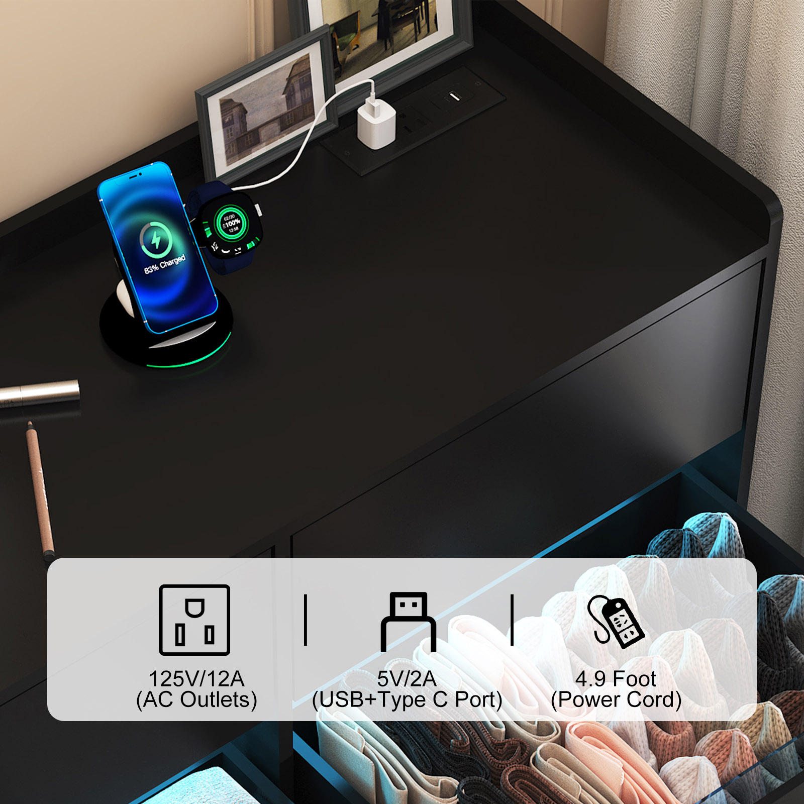 9 Drawer Dresser for Bedroom with Power Outlet, 63" Large Dresser with LED Light