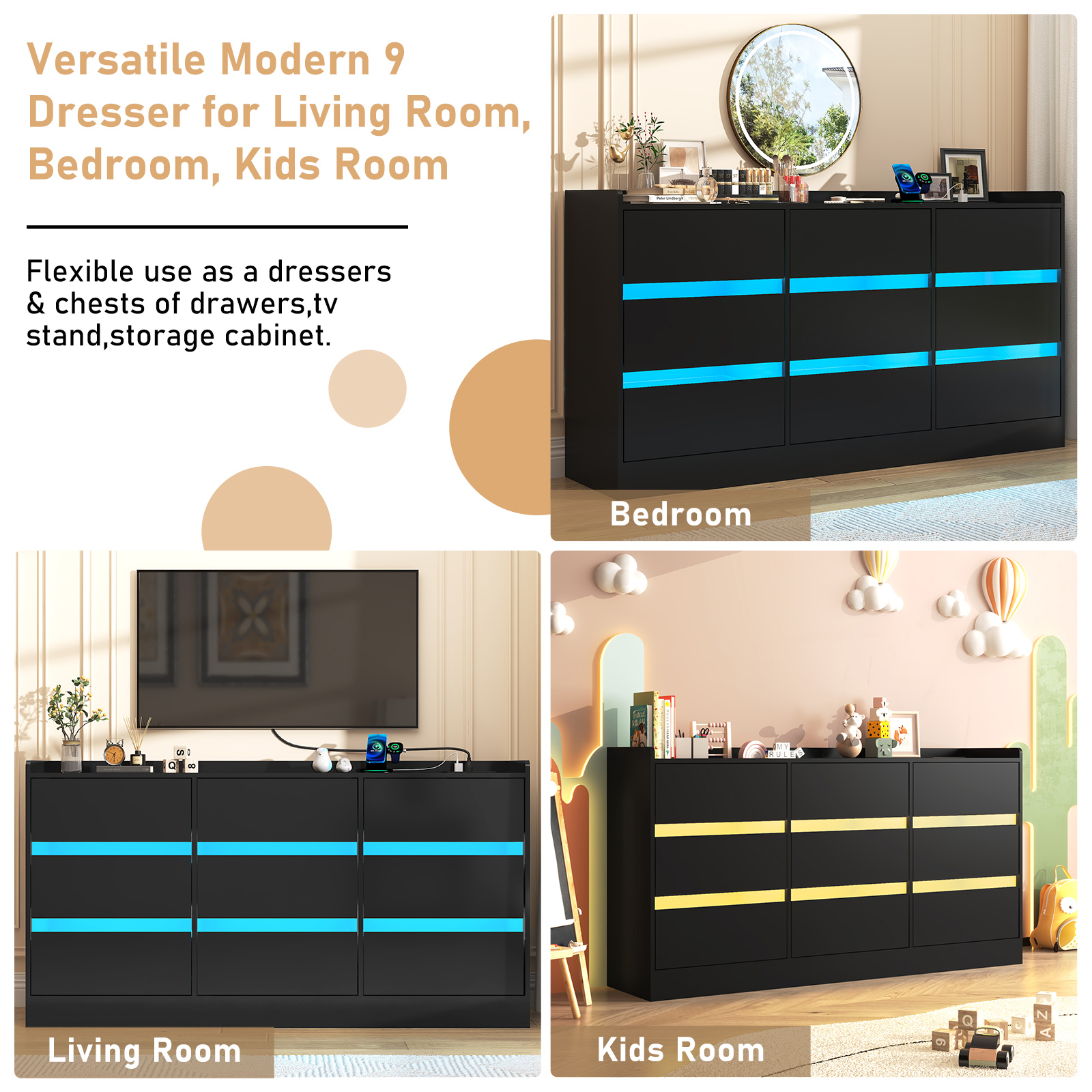9 Drawer Dresser for Bedroom with Power Outlet, 63" Large Dresser with LED Light