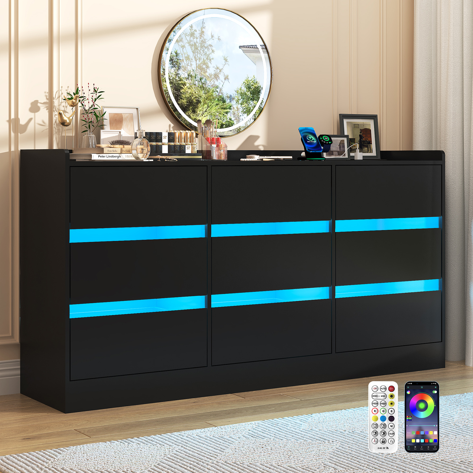 9 Drawer Dresser for Bedroom with Power Outlet, 63" Large Dresser with LED Light