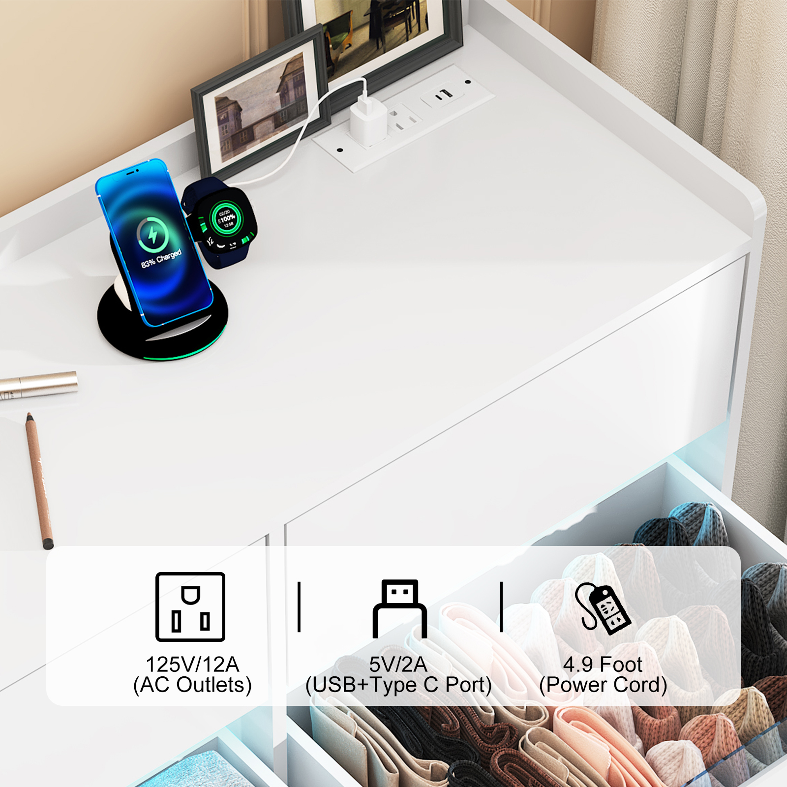 9 Drawer Dresser for Bedroom with Power Outlet, 63" Large Dresser with LED Light