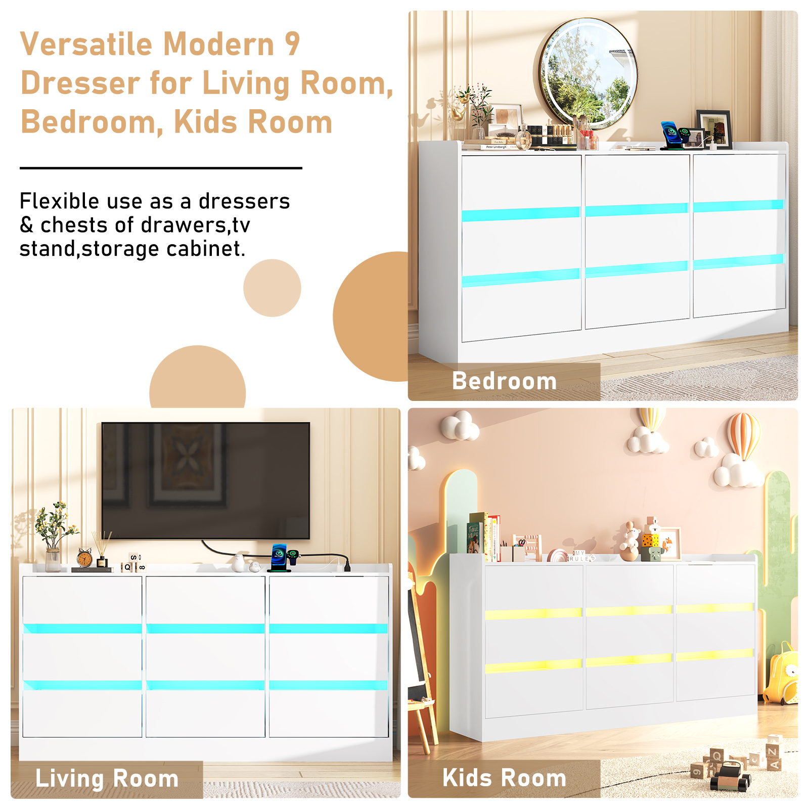 9 Drawer Dresser for Bedroom with Power Outlet, 63" Large Dresser with LED Light