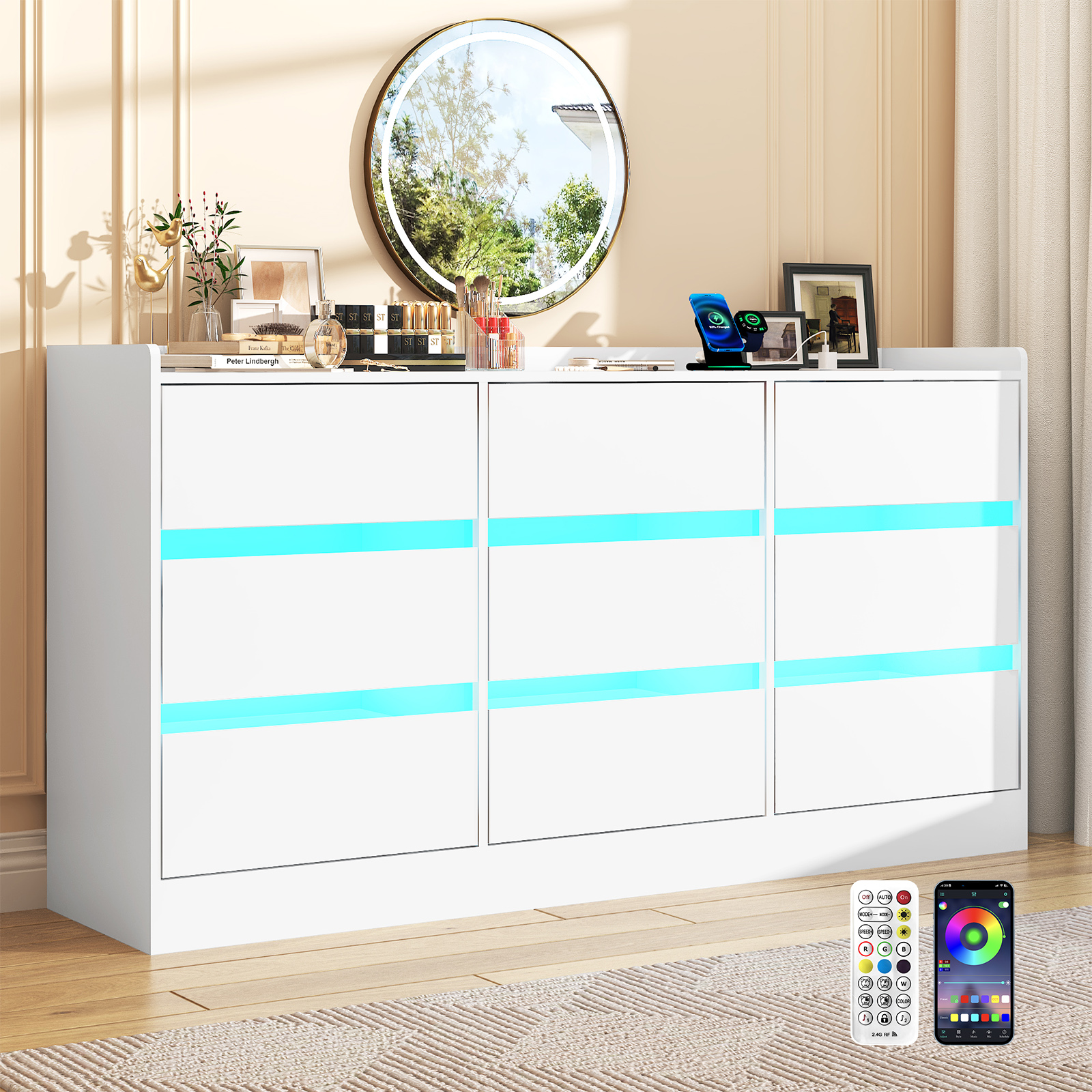 9 Drawer Dresser for Bedroom with Power Outlet, 63" Large Dresser with LED Light
