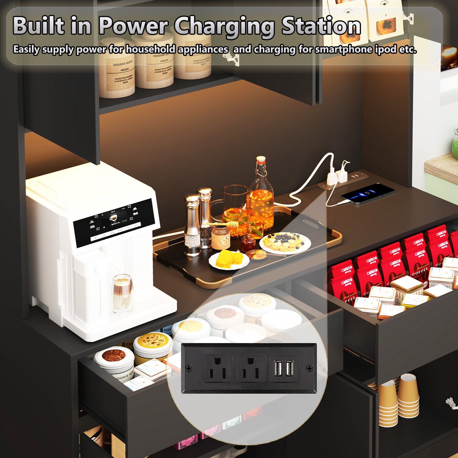 Modern LED Coffee Bar Cabinet with Charging Station