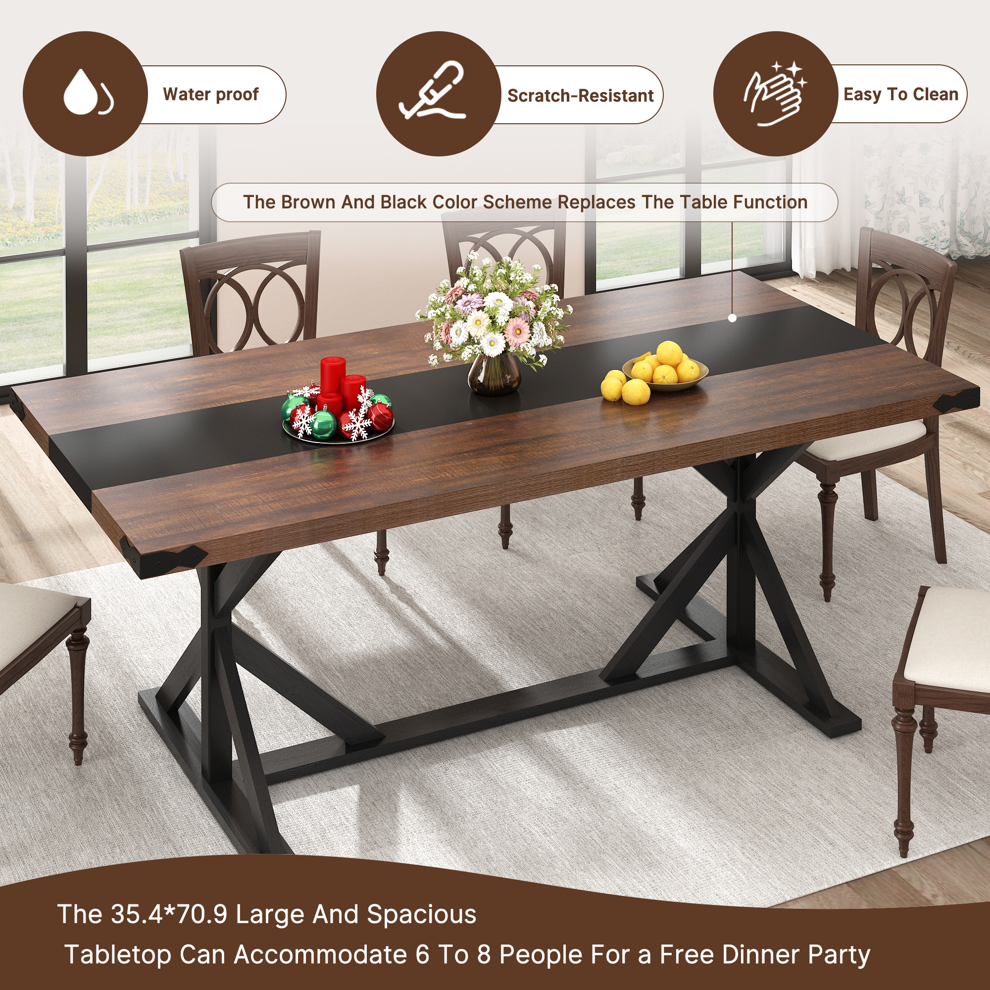 Blotout 71" Modern Farmhouse Dining Table for 6-8 Person, Rectangular Wood Dining Table with Adjustable Feet, Kitchen Table for Dining Room, Gathering, Kitchen (Brown Black)