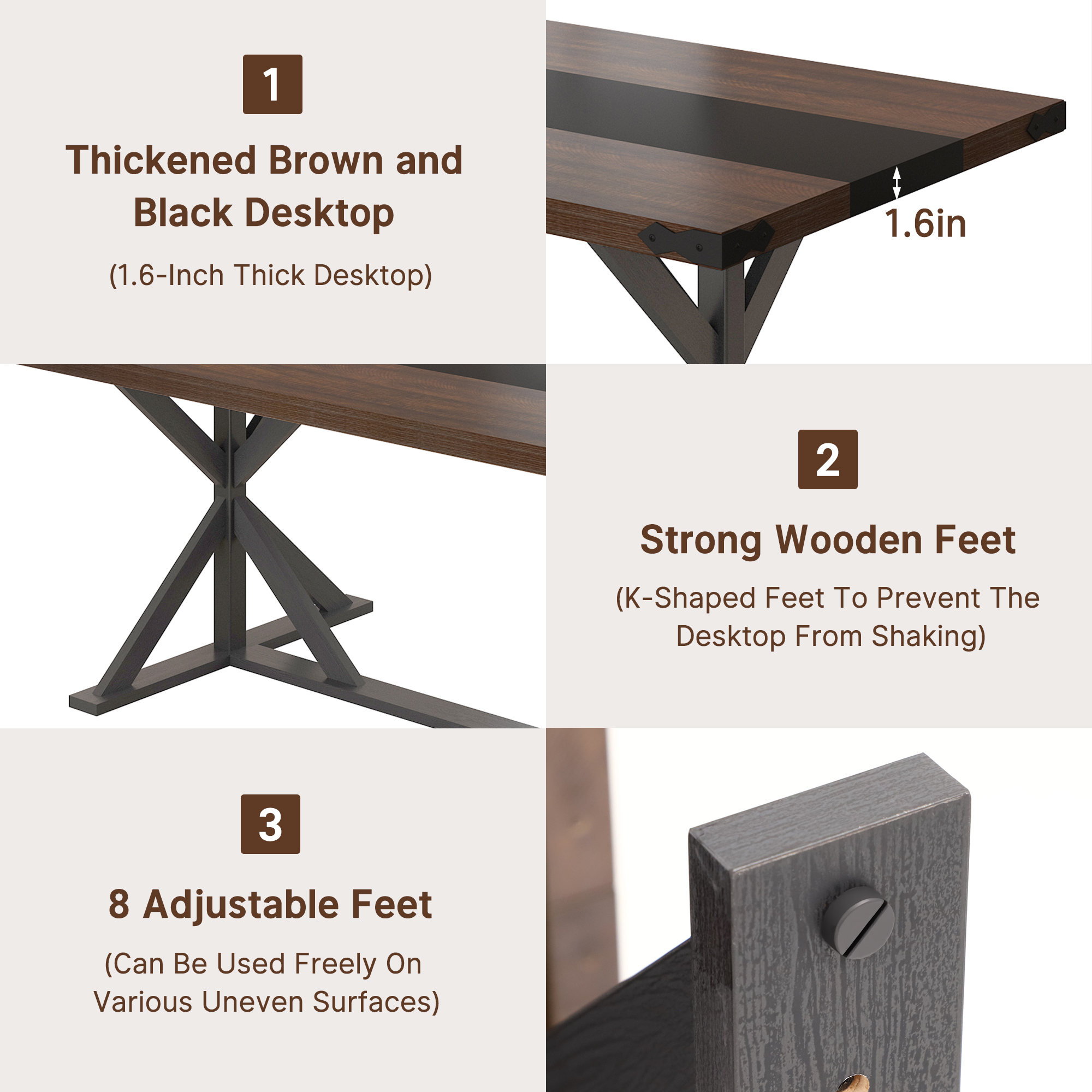 Blotout 71" Modern Farmhouse Dining Table for 6-8 Person, Rectangular Wood Dining Table with Adjustable Feet, Kitchen Table for Dining Room, Gathering, Kitchen (Brown Black)