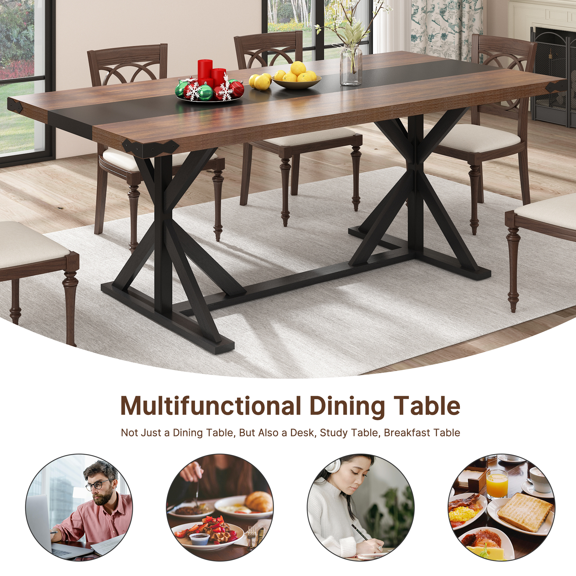 Blotout 71" Modern Farmhouse Dining Table for 6-8 Person, Rectangular Wood Dining Table with Adjustable Feet, Kitchen Table for Dining Room, Gathering, Kitchen (Brown Black)