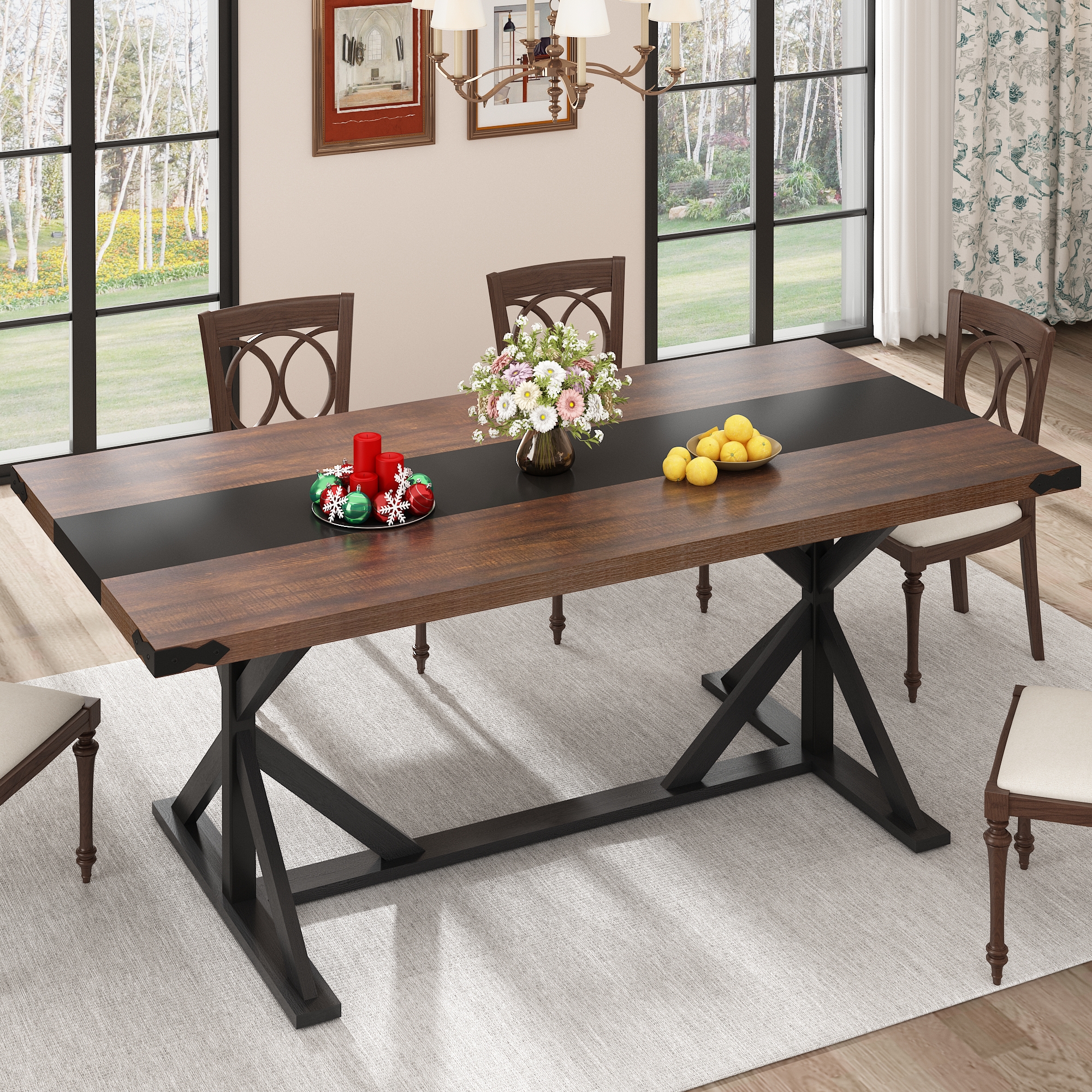 Blotout 71" Modern Farmhouse Dining Table for 6-8 Person, Rectangular Wood Dining Table with Adjustable Feet, Kitchen Table for Dining Room, Gathering, Kitchen (Brown Black)