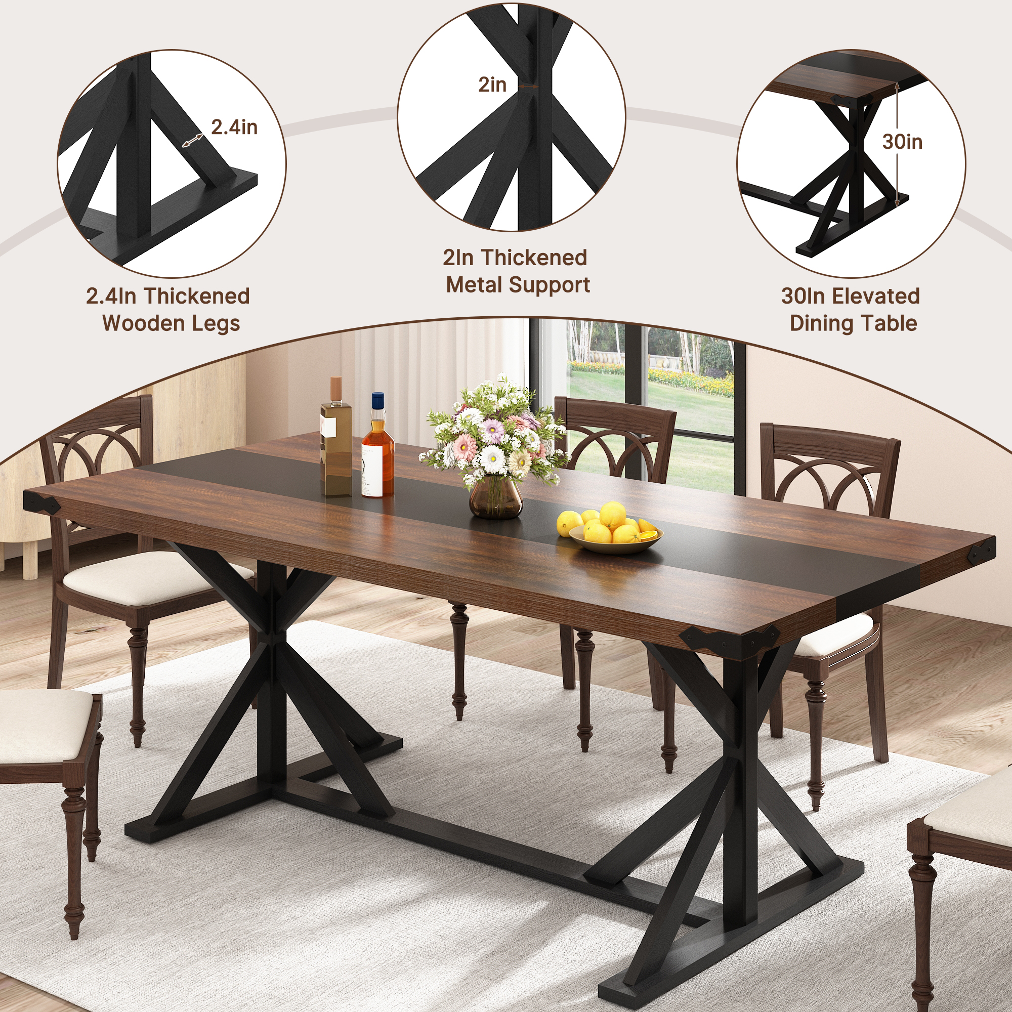 Blotout 71" Modern Farmhouse Dining Table for 6-8 Person, Rectangular Wood Dining Table with Adjustable Feet, Kitchen Table for Dining Room, Gathering, Kitchen (Brown Black)