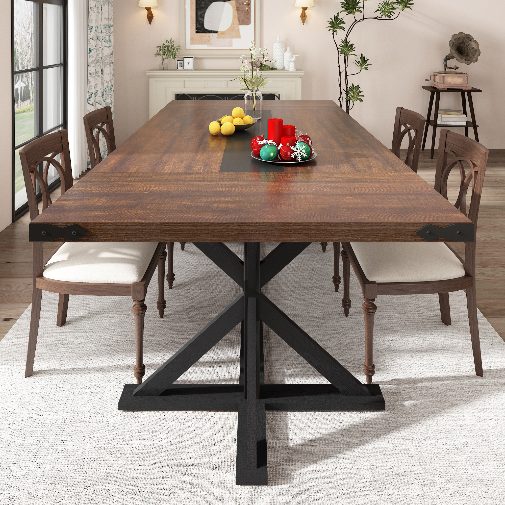 Blotout 79" Modern Farmhouse Dining Table for 8-10 People, Rectangular Wood Dining Table with Wood Strip Base, Long Kitchen Table for Dining Room, Gathering, Kitchen (Brown Black)