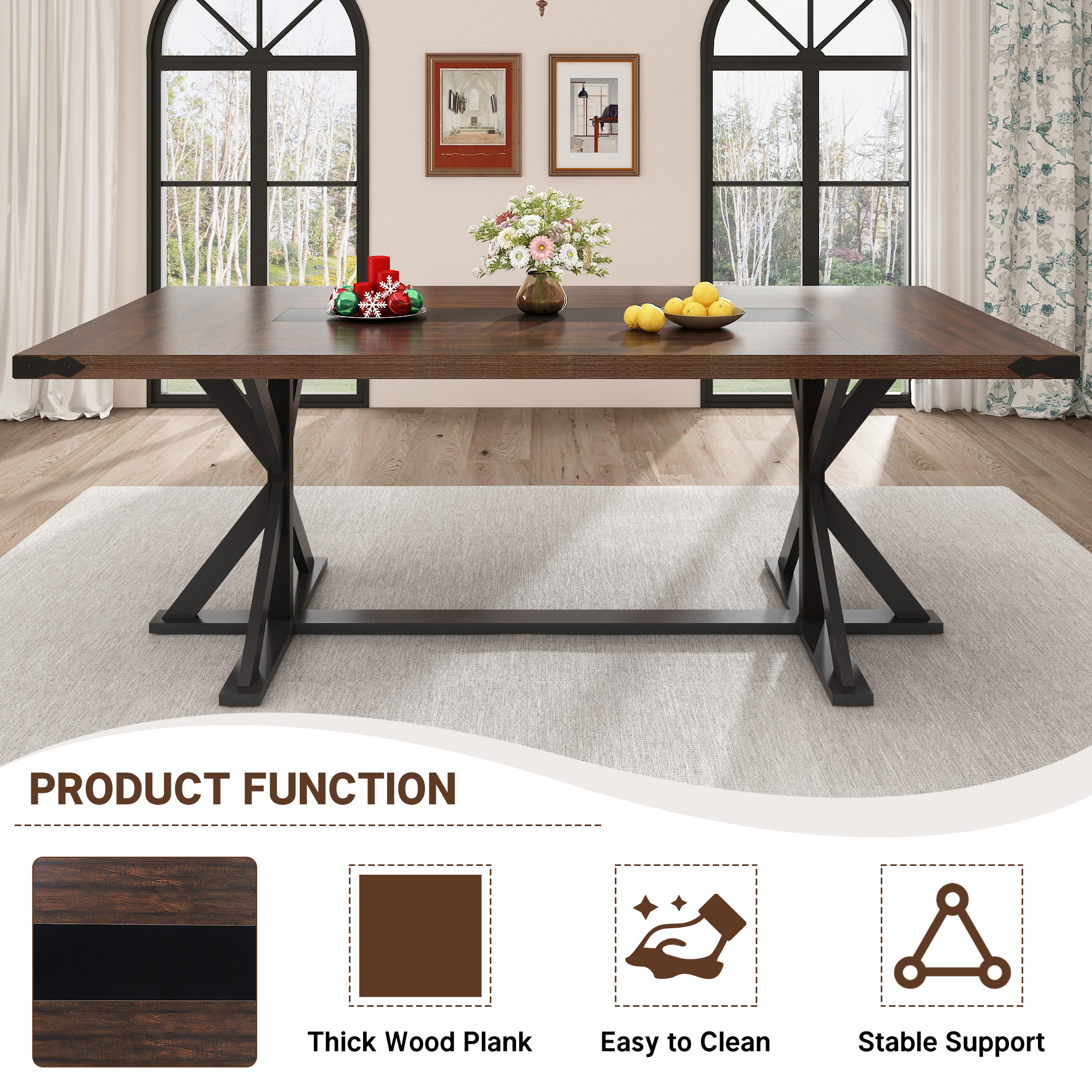 Blotout 79" Modern Farmhouse Dining Table for 8-10 People, Rectangular Wood Dining Table with Wood Strip Base, Long Kitchen Table for Dining Room, Gathering, Kitchen (Brown Black)