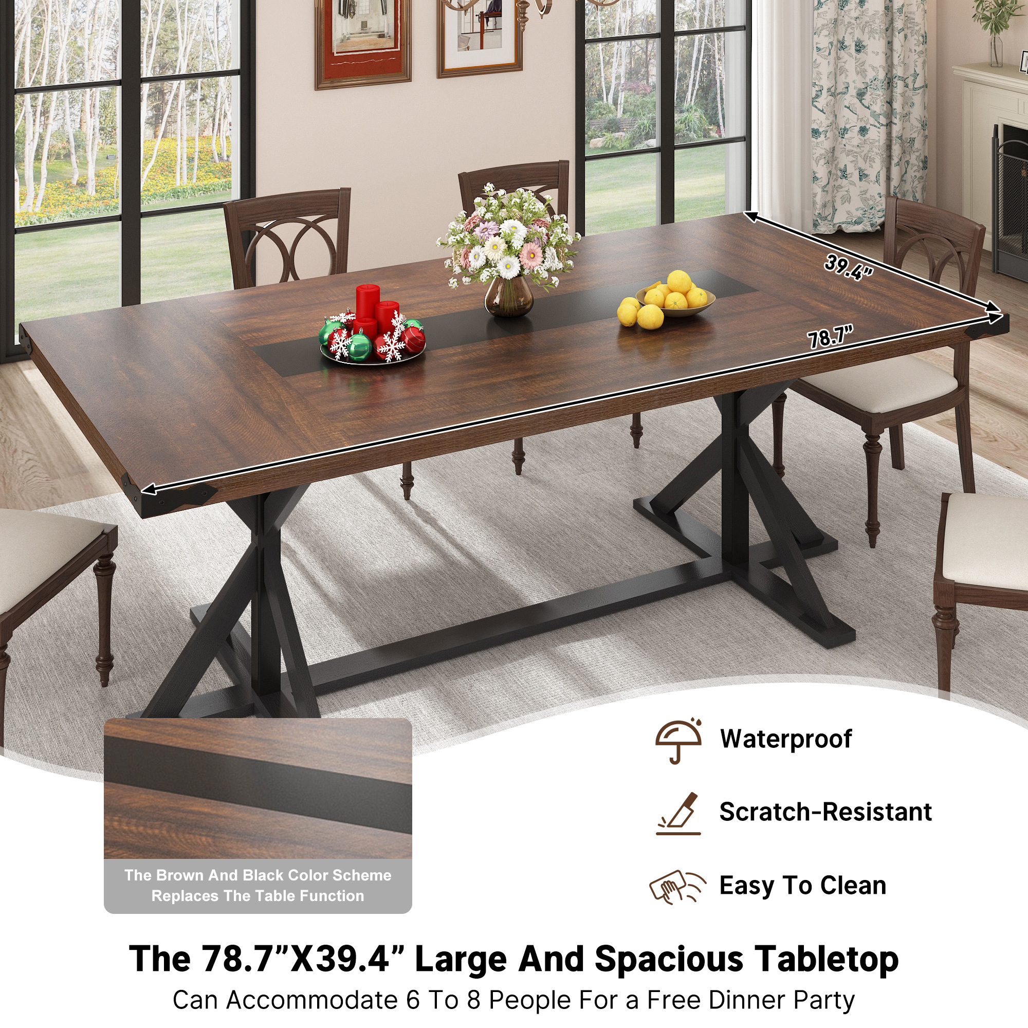 Blotout 79" Modern Farmhouse Dining Table for 8-10 People, Rectangular Wood Dining Table with Wood Strip Base, Long Kitchen Table for Dining Room, Gathering, Kitchen (Brown Black)