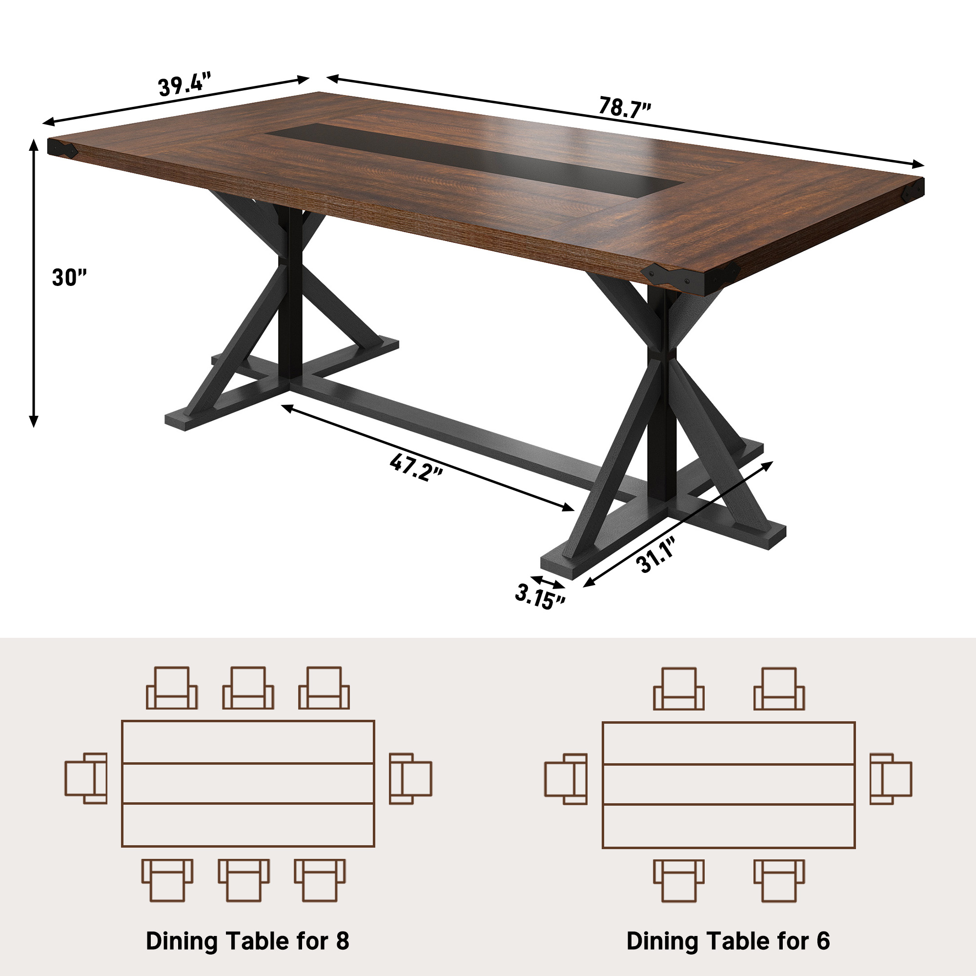 Blotout 79" Modern Farmhouse Dining Table for 8-10 People, Rectangular Wood Dining Table with Wood Strip Base, Long Kitchen Table for Dining Room, Gathering, Kitchen (Brown Black)