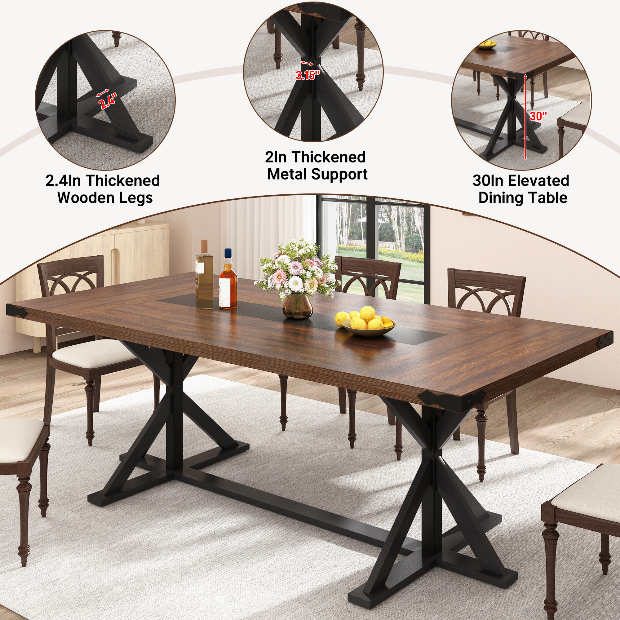 Blotout 79" Modern Farmhouse Dining Table for 8-10 People, Rectangular Wood Dining Table with Wood Strip Base, Long Kitchen Table for Dining Room, Gathering, Kitchen (Brown Black)