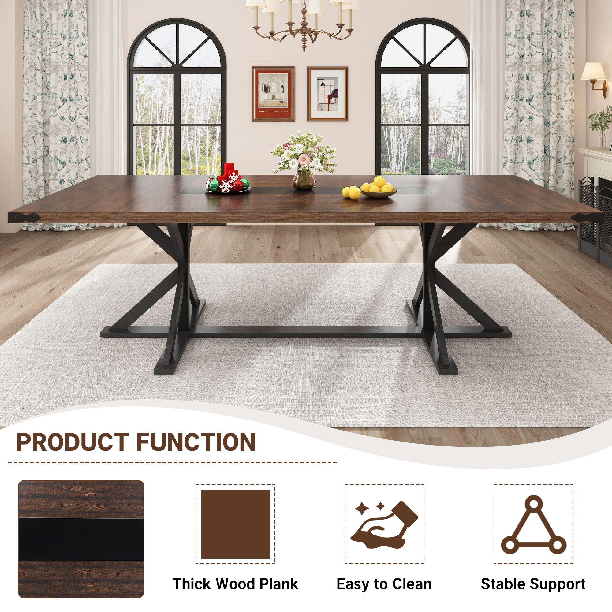 Blotout 95" Modern Farmhouse Dining Table for 10-12 People,Rectangular Wood Dining Table with Wood Strip Base,Long Kitchen Table for Dining Room,Gathering,Kitchen(Brown Black)