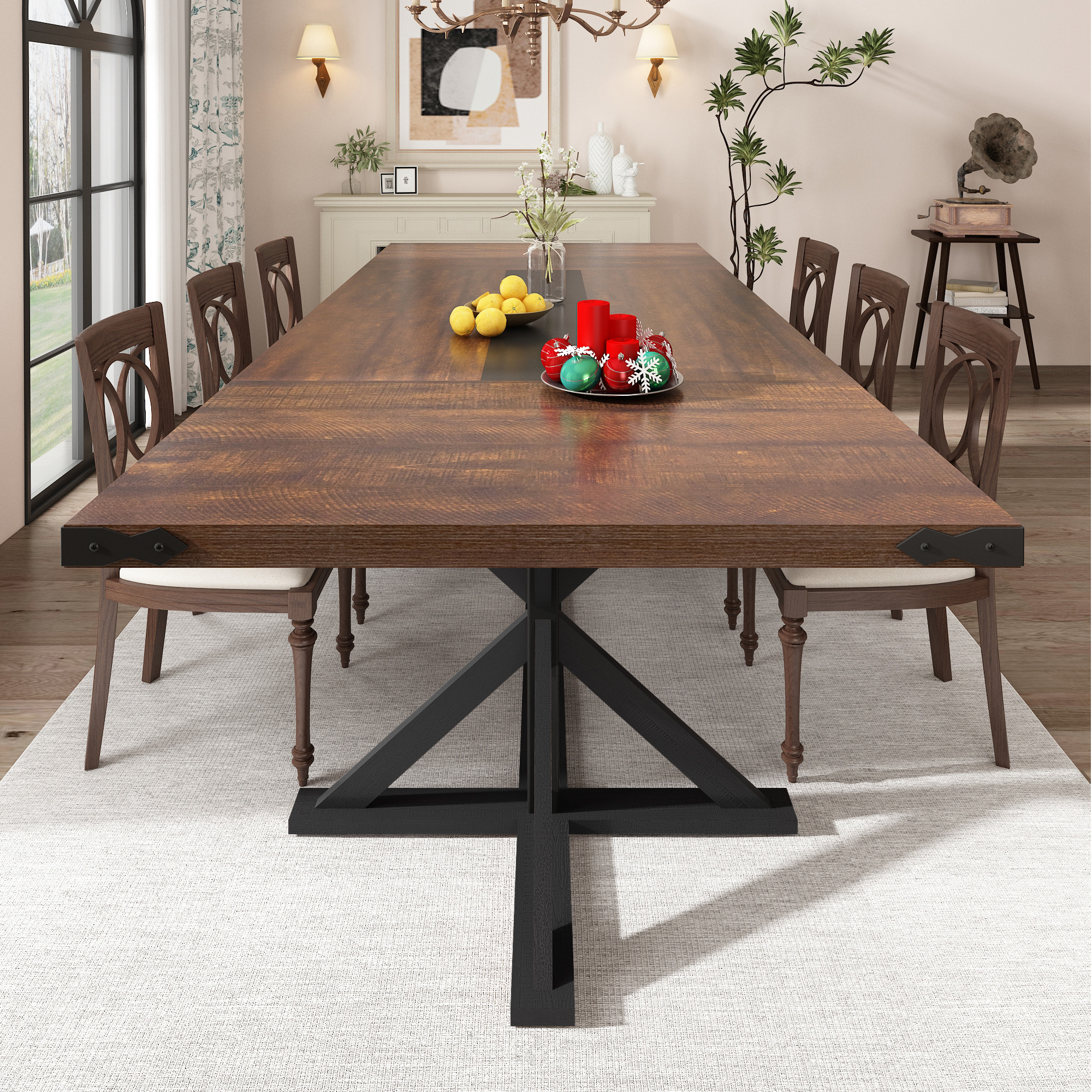Blotout 95" Modern Farmhouse Dining Table for 10-12 People,Rectangular Wood Dining Table with Wood Strip Base,Long Kitchen Table for Dining Room,Gathering,Kitchen(Brown Black)
