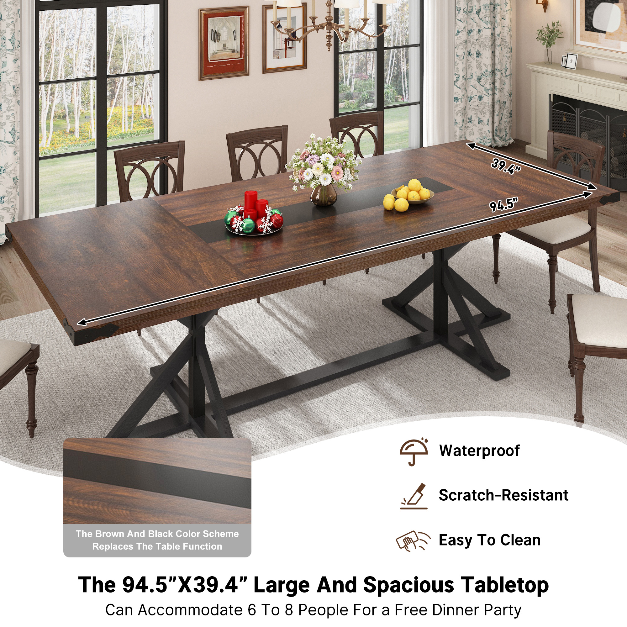 Blotout 95" Modern Farmhouse Dining Table for 10-12 People,Rectangular Wood Dining Table with Wood Strip Base,Long Kitchen Table for Dining Room,Gathering,Kitchen(Brown Black)