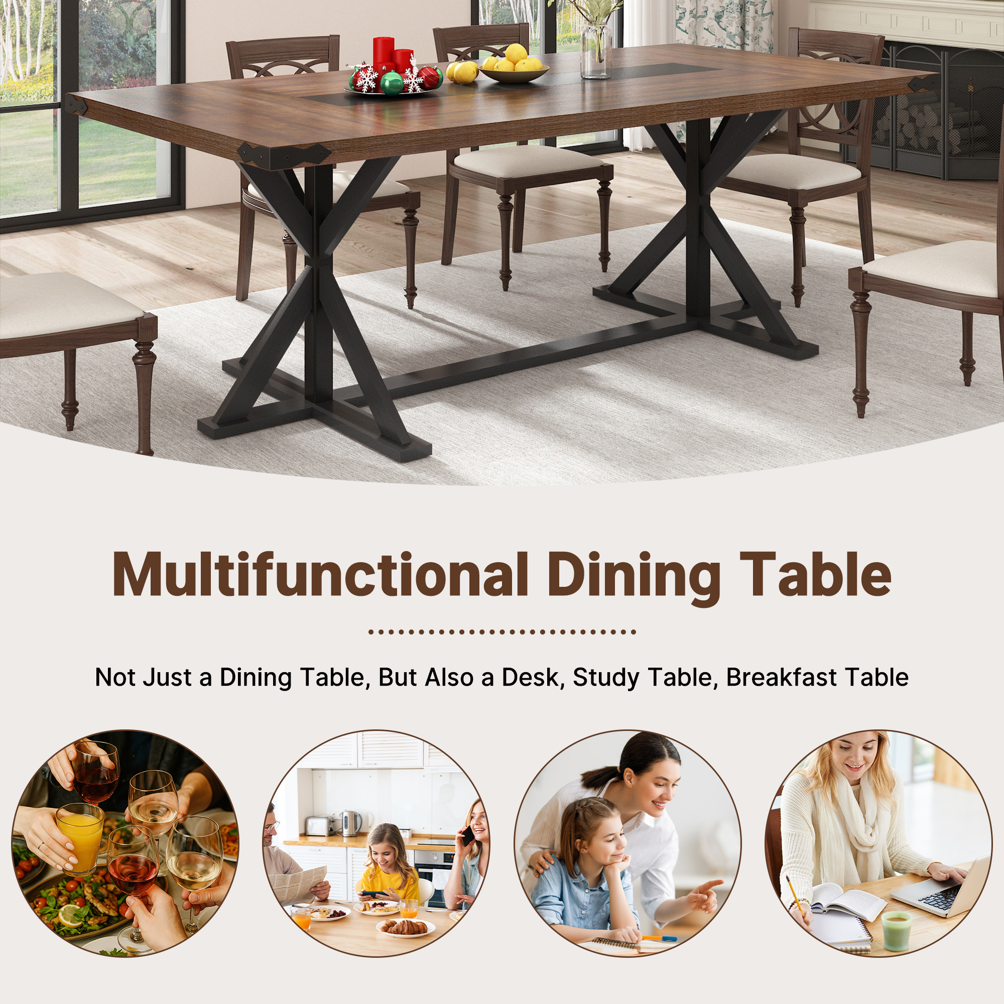Blotout 95" Modern Farmhouse Dining Table for 10-12 People,Rectangular Wood Dining Table with Wood Strip Base,Long Kitchen Table for Dining Room,Gathering,Kitchen(Brown Black)
