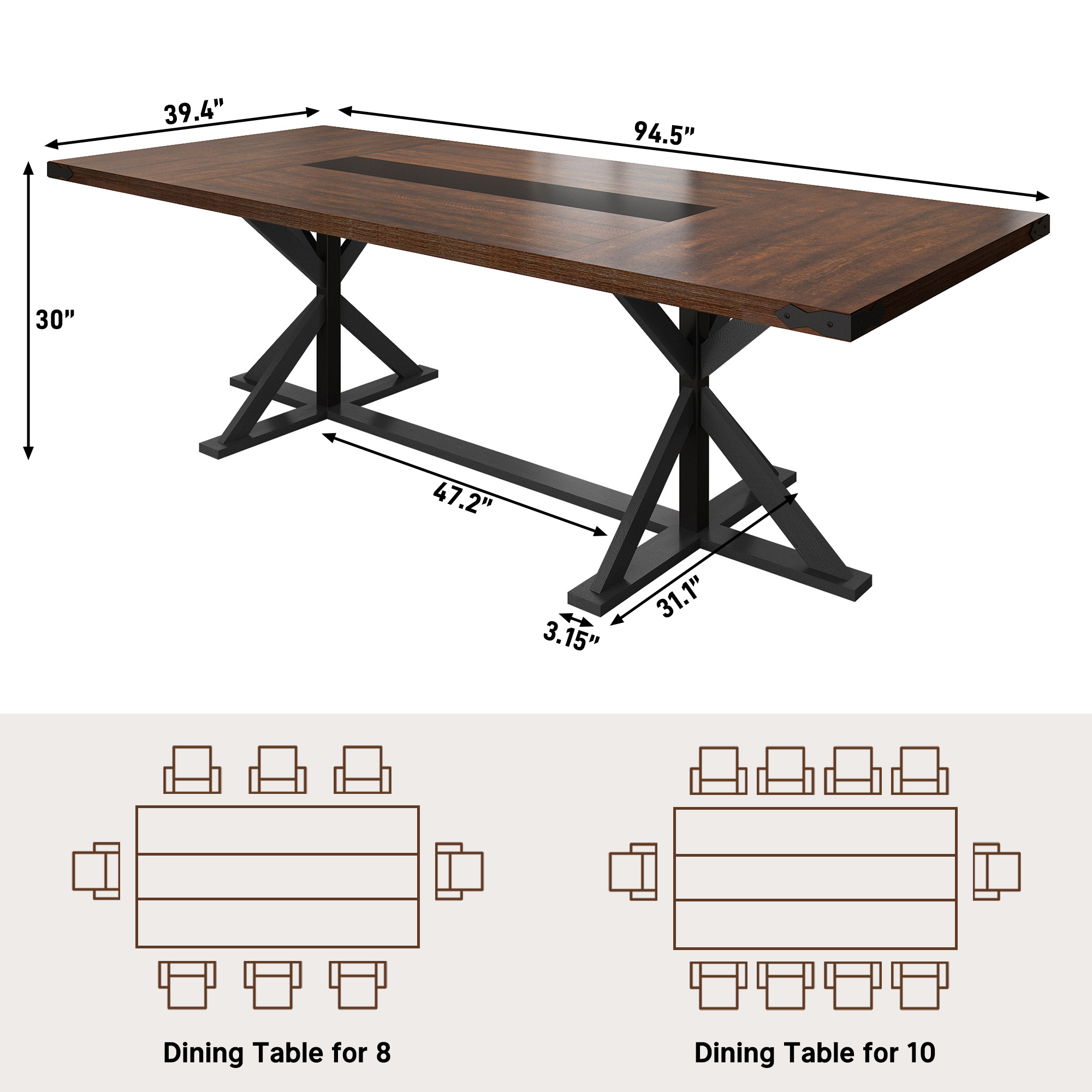 Blotout 95" Modern Farmhouse Dining Table for 10-12 People,Rectangular Wood Dining Table with Wood Strip Base,Long Kitchen Table for Dining Room,Gathering,Kitchen(Brown Black)