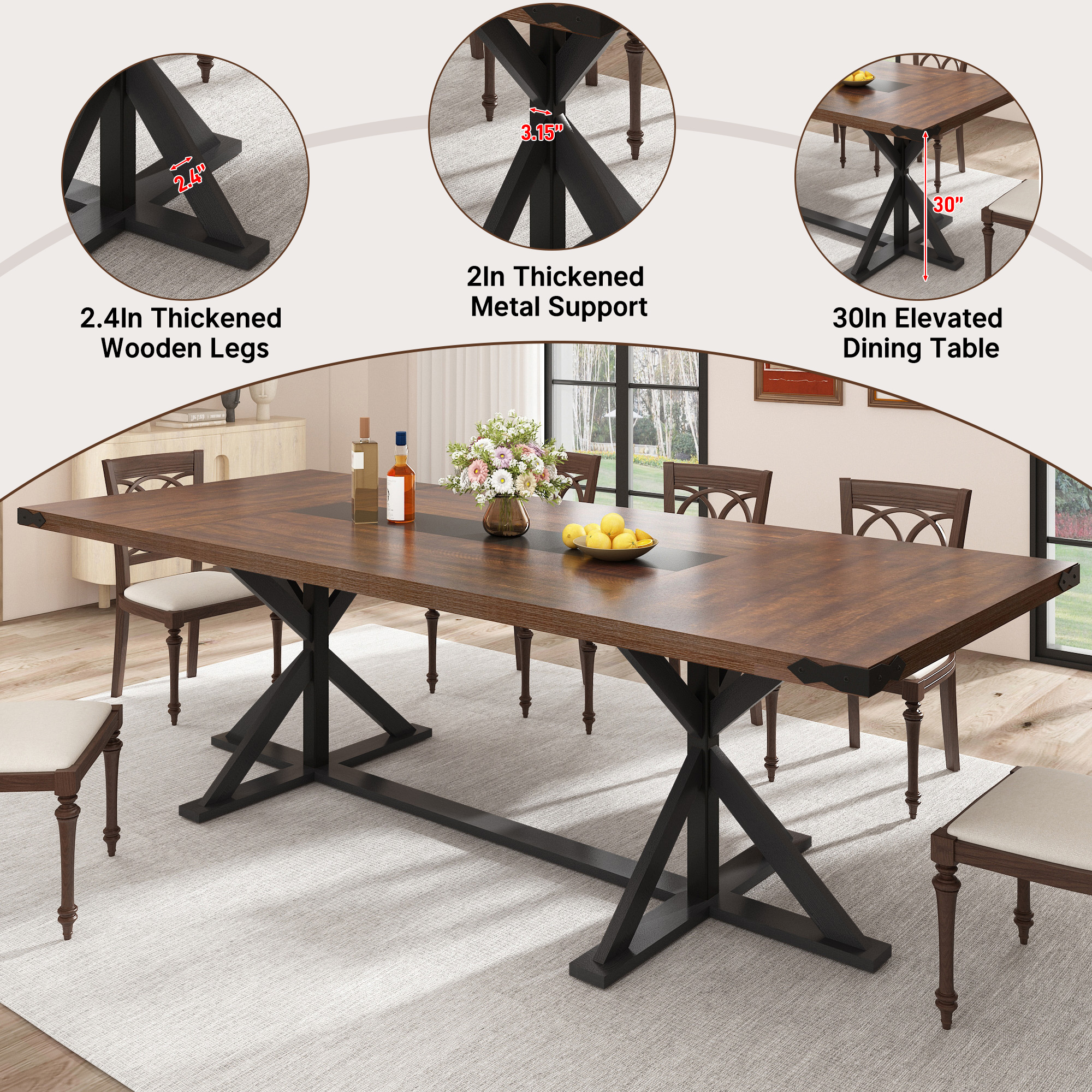 Blotout 95" Modern Farmhouse Dining Table for 10-12 People,Rectangular Wood Dining Table with Wood Strip Base,Long Kitchen Table for Dining Room,Gathering,Kitchen(Brown Black)