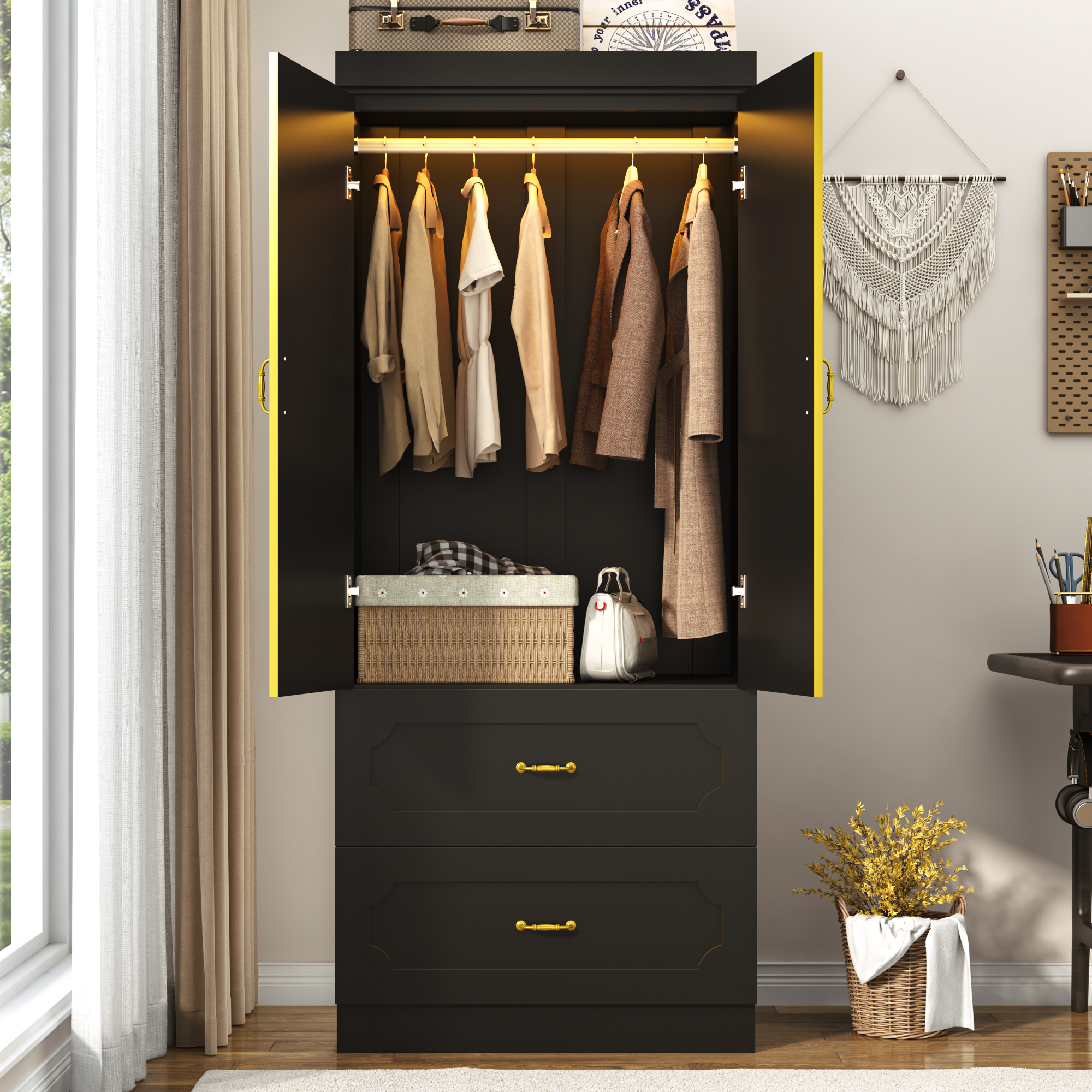 Blotout 75"H Wardrobe Closet with LED Light & 2 Mirror, 2 Doors Wardrobe with Hanging Rod and 2 Drawers, Luxury Modern Armoire Wardrobe Cabinet for Bedroom (Black)