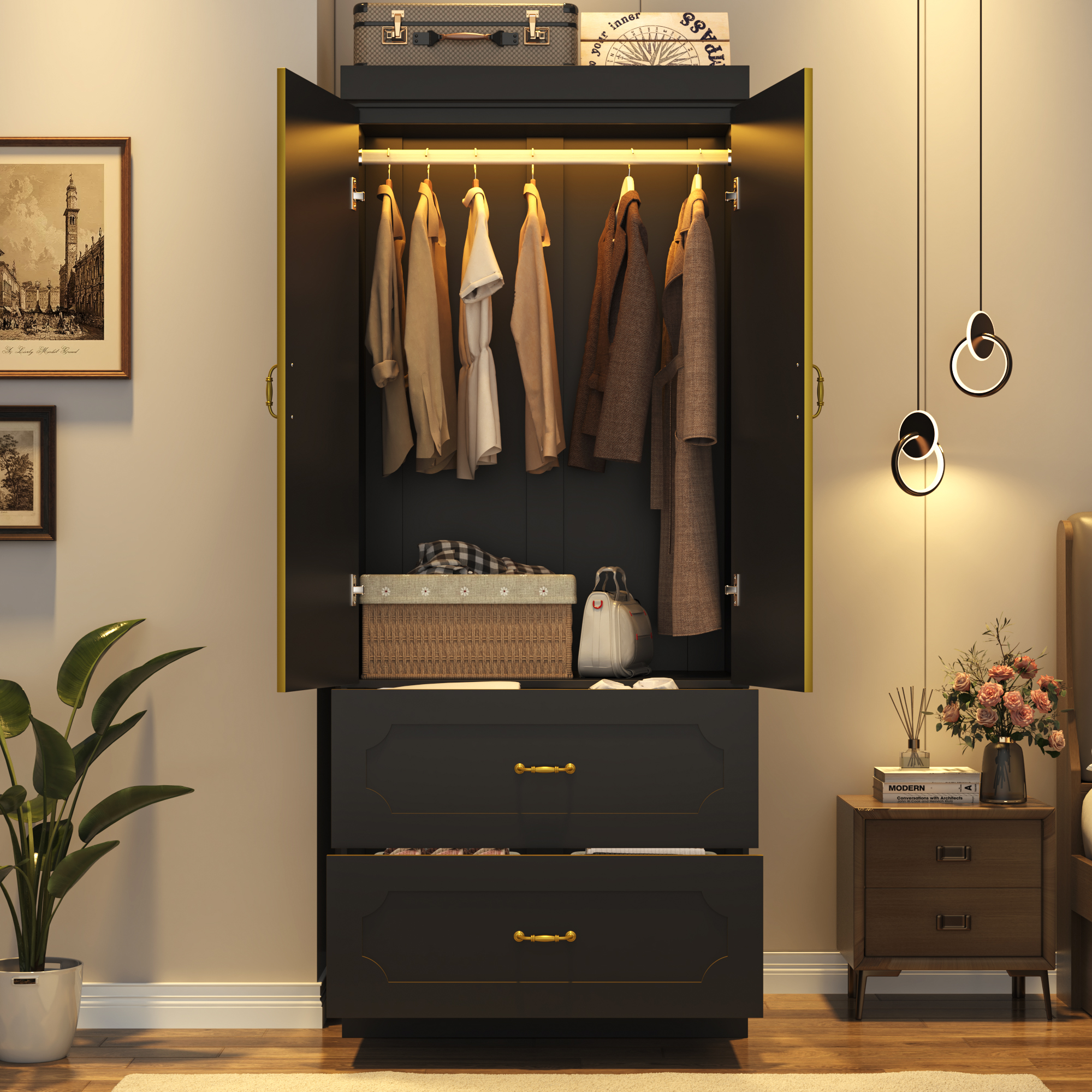 Blotout 75"H Wardrobe Closet with LED Light & 2 Mirror, 2 Doors Wardrobe with Hanging Rod and 2 Drawers, Luxury Modern Armoire Wardrobe Cabinet for Bedroom (Black)