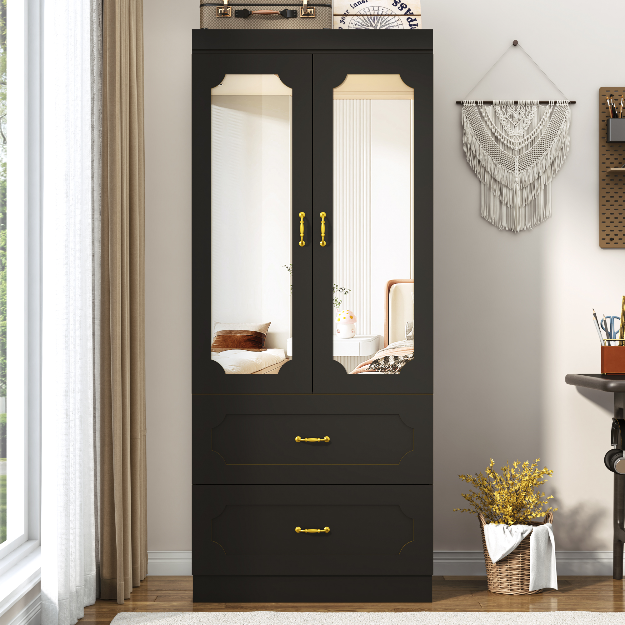 Blotout 75"H Wardrobe Closet with LED Light & 2 Mirror, 2 Doors Wardrobe with Hanging Rod and 2 Drawers, Luxury Modern Armoire Wardrobe Cabinet for Bedroom (Black)