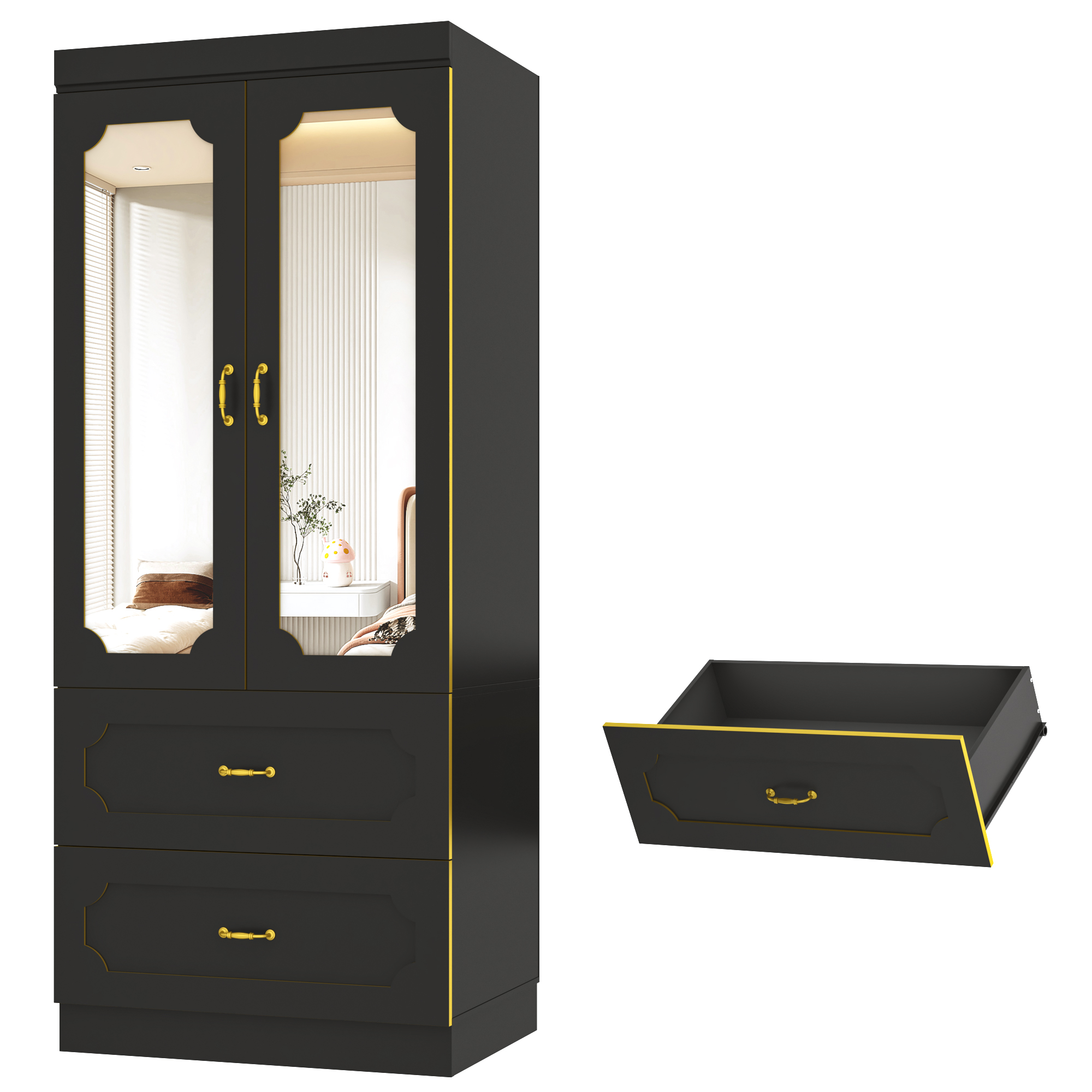 Blotout 75"H Wardrobe Closet with LED Light & 2 Mirror, 2 Doors Wardrobe with Hanging Rod and 2 Drawers, Luxury Modern Armoire Wardrobe Cabinet for Bedroom (Black)