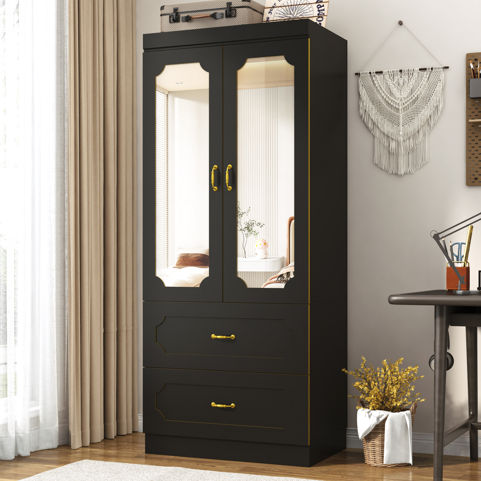 Blotout 75"H Wardrobe Closet with LED Light & 2 Mirror, 2 Doors Wardrobe with Hanging Rod and 2 Drawers, Luxury Modern Armoire Wardrobe Cabinet for Bedroom (Black)