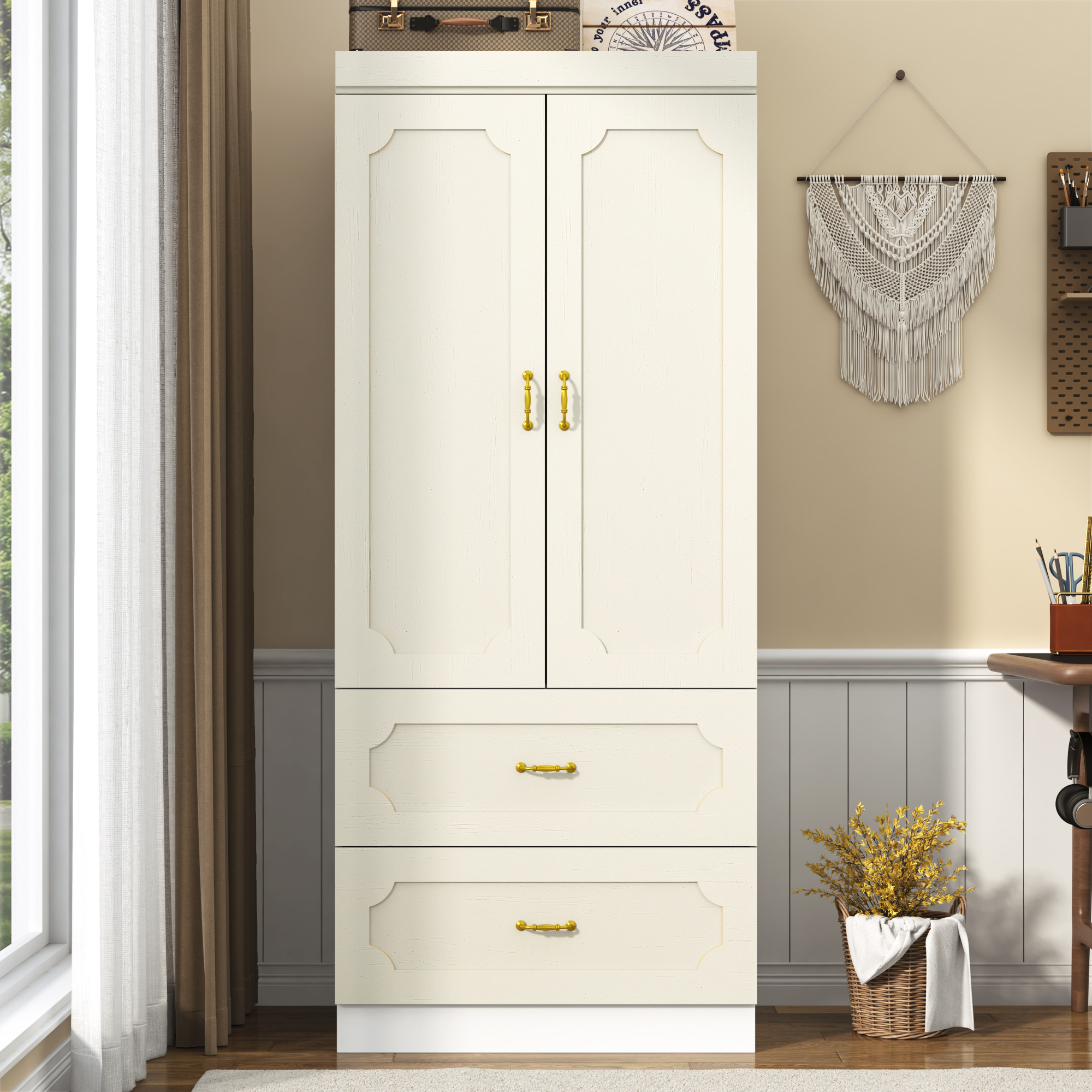 Blotout 74.8" Armoire Wardrobe Closet with 2 Drawers, LED Clothing Storage Cabinet with Hanging Rod, 2 Doors Wooden Wardrobe Cabinet for Bedroom