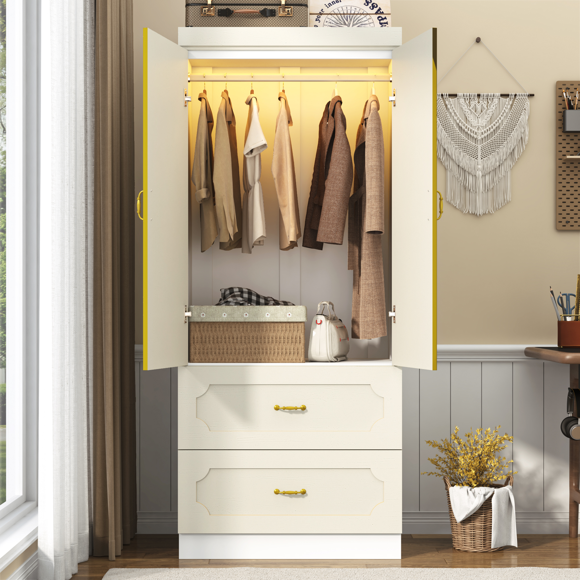 Blotout 74.8" Armoire Wardrobe Closet with 2 Drawers and Mirror, LED Clothing Storage Cabinet with Hanging Rod, 2 Doors Wooden Wardrobe Cabinet for Bedroom