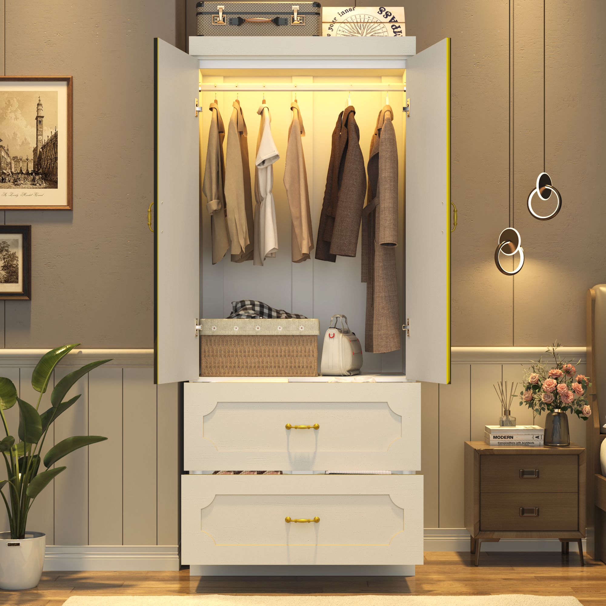 Blotout 74.8" Armoire Wardrobe Closet with 2 Drawers, LED Clothing Storage Cabinet with Hanging Rod, 2 Doors Wooden Wardrobe Cabinet for Bedroom