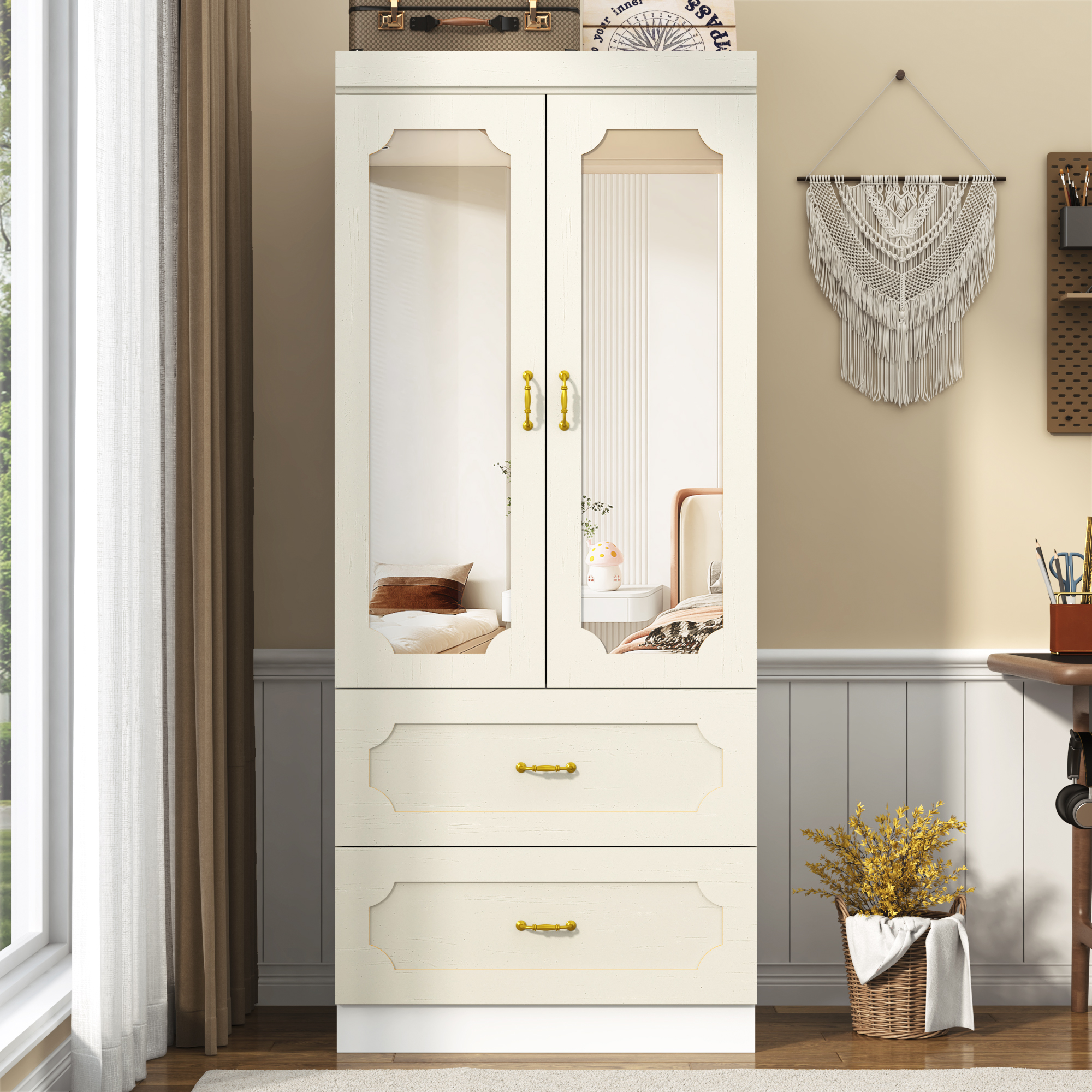 Blotout 74.8" Armoire Wardrobe Closet with 2 Drawers and Mirror, LED Clothing Storage Cabinet with Hanging Rod, 2 Doors Wooden Wardrobe Cabinet for Bedroom