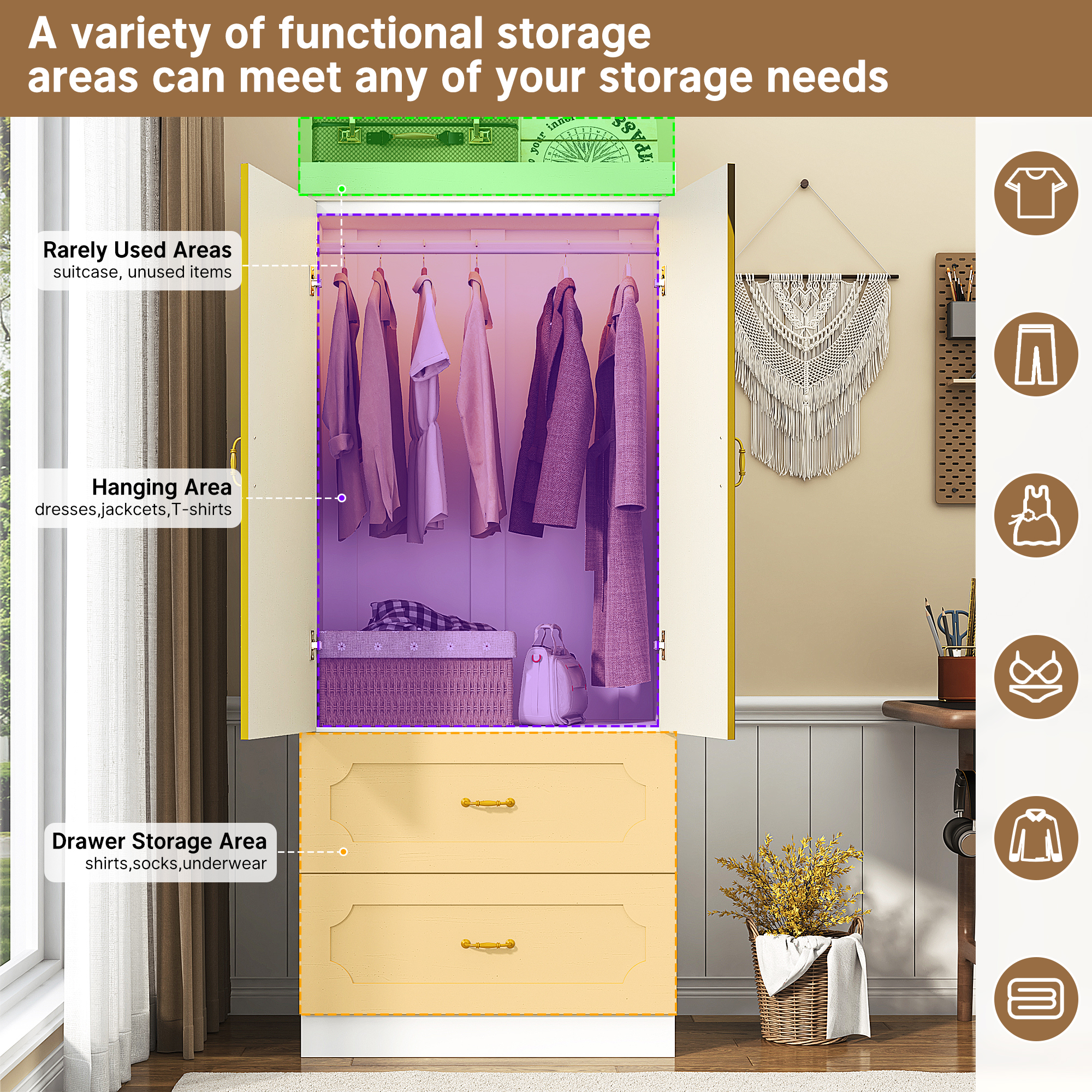 Blotout 74.8" Armoire Wardrobe Closet with 2 Drawers and Mirror, LED Clothing Storage Cabinet with Hanging Rod, 2 Doors Wooden Wardrobe Cabinet for Bedroom