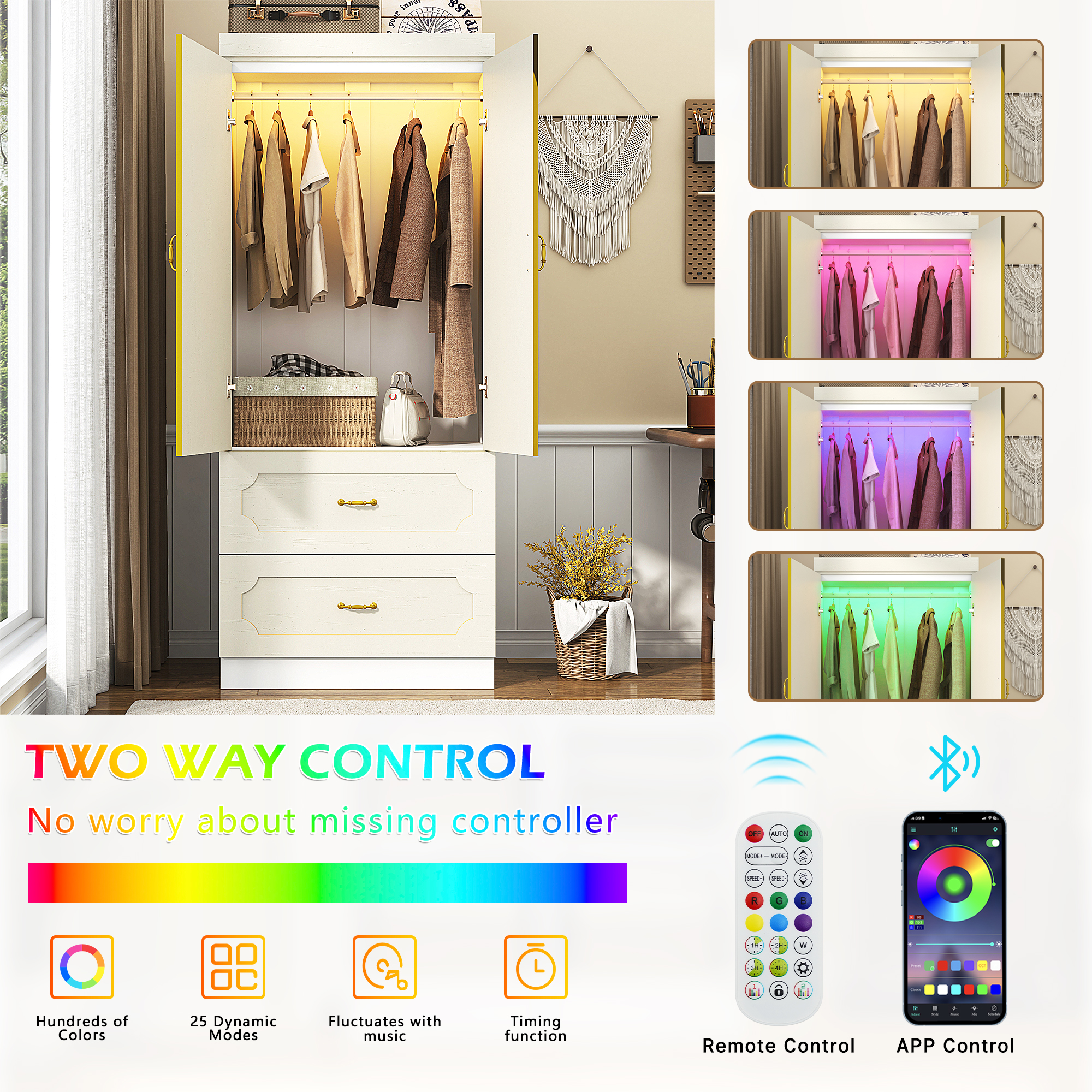 Blotout 74.8" Armoire Wardrobe Closet with 2 Drawers and Mirror, LED Clothing Storage Cabinet with Hanging Rod, 2 Doors Wooden Wardrobe Cabinet for Bedroom